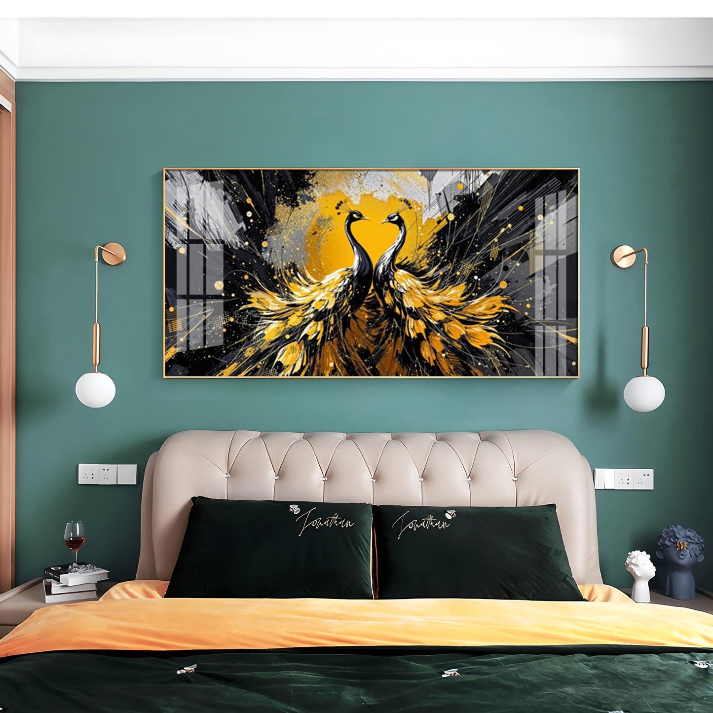 Beautiful Two Mayura Glass Finish Horizontal Wall Art