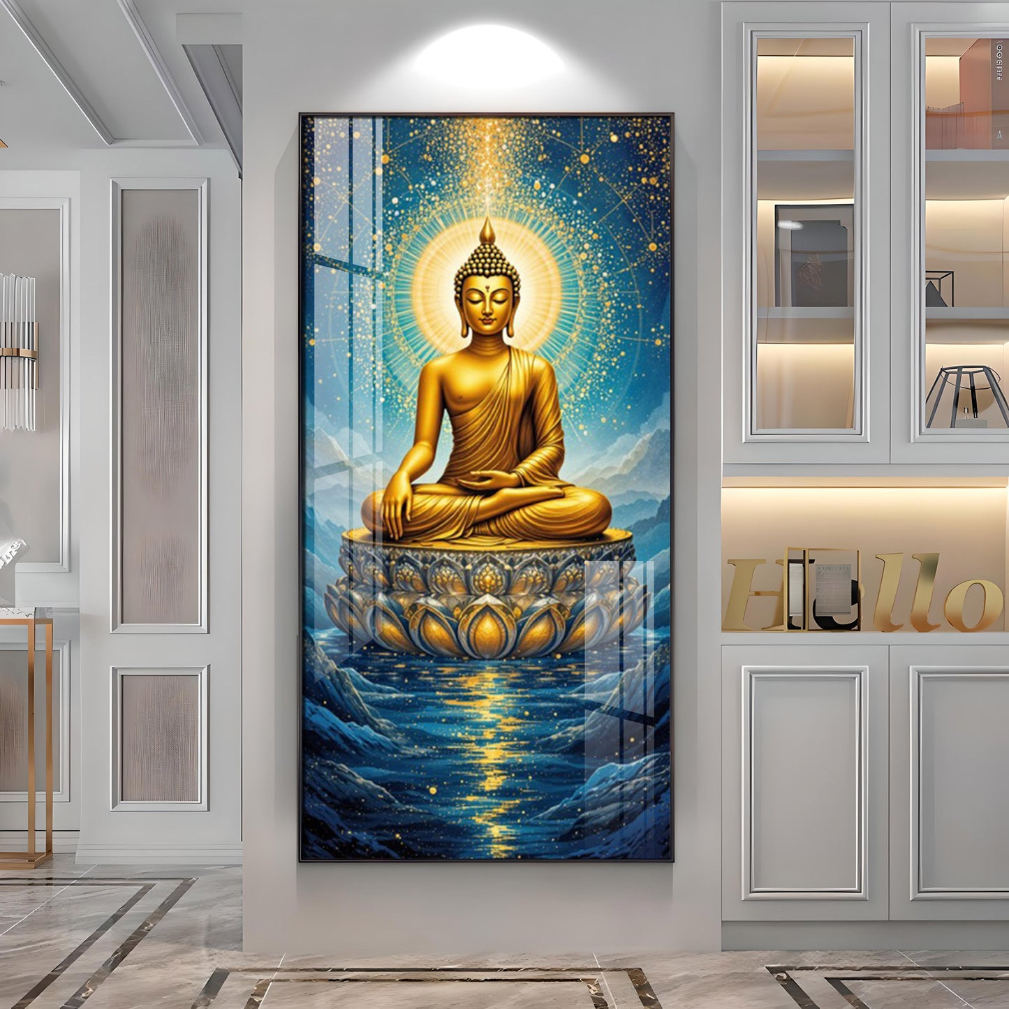 Calm Buddha In River Glass Finish Vertical Wall Art