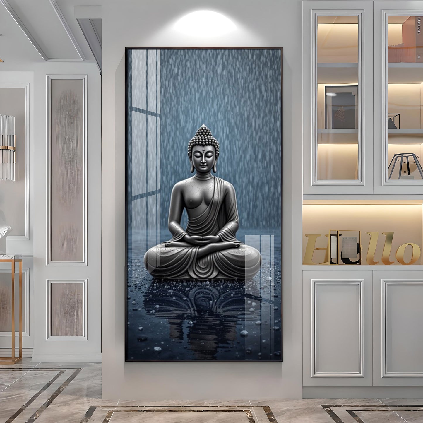 Sacred Budha Meditation Glass Finish Vertical Wall Art