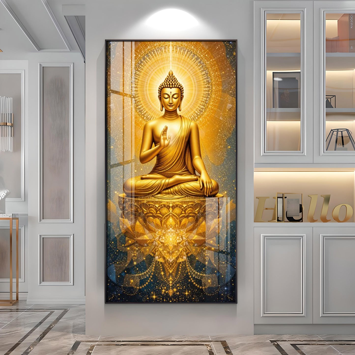 Golden Budha's Aura Glass Finish Vertical Wall Art