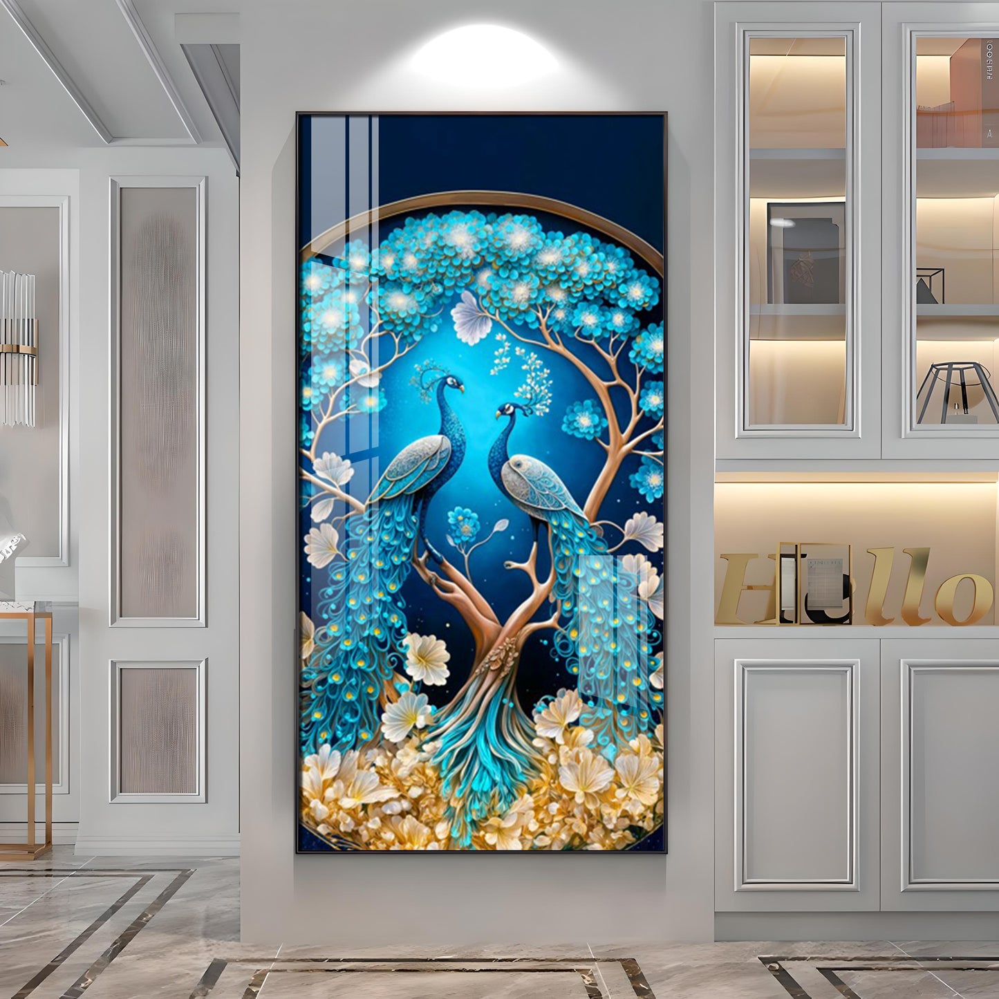 Peacock On Tree Branch Glass Finish Vertical Wall Art