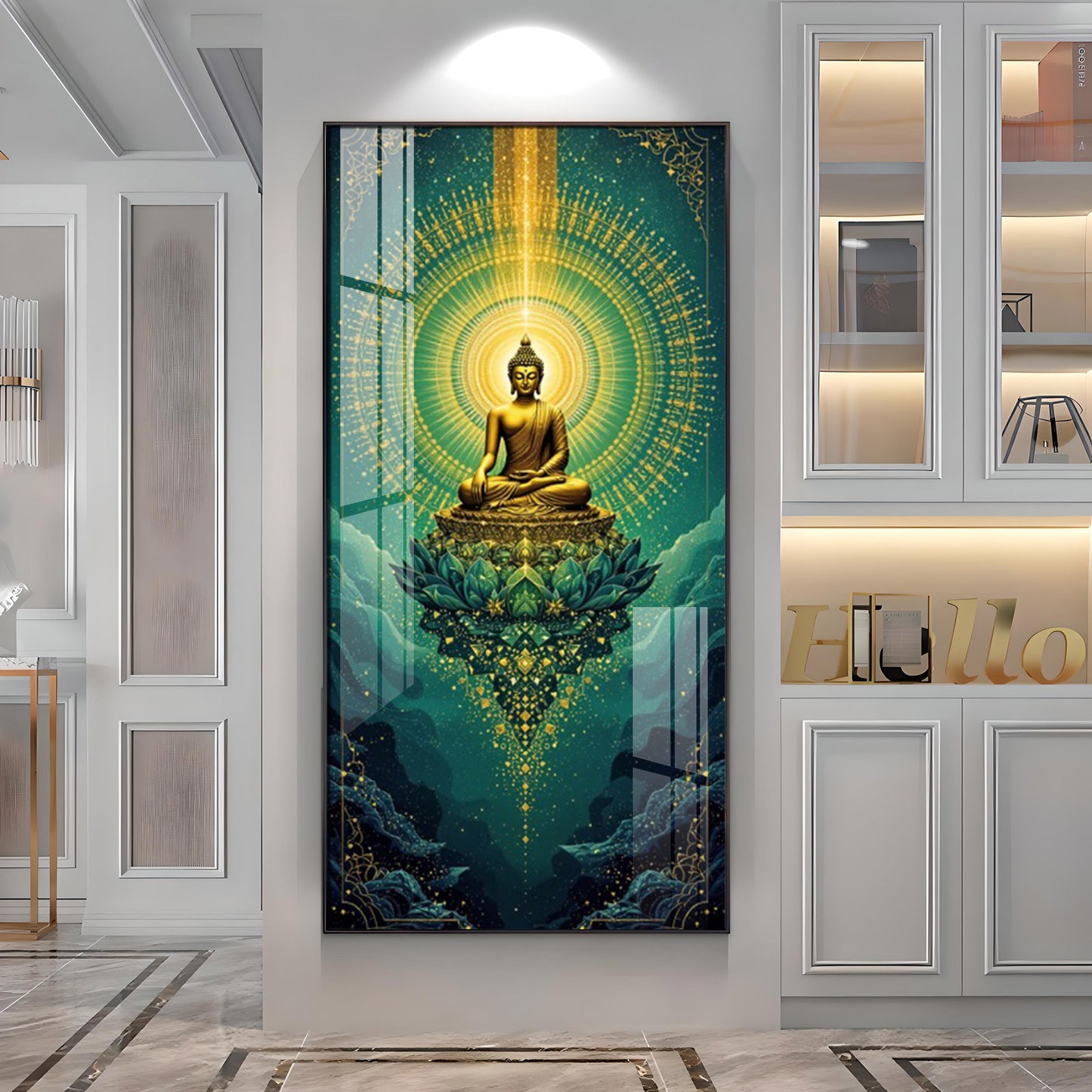 Surreal Energy Of Budha Glass Finish Vertical Wall Art