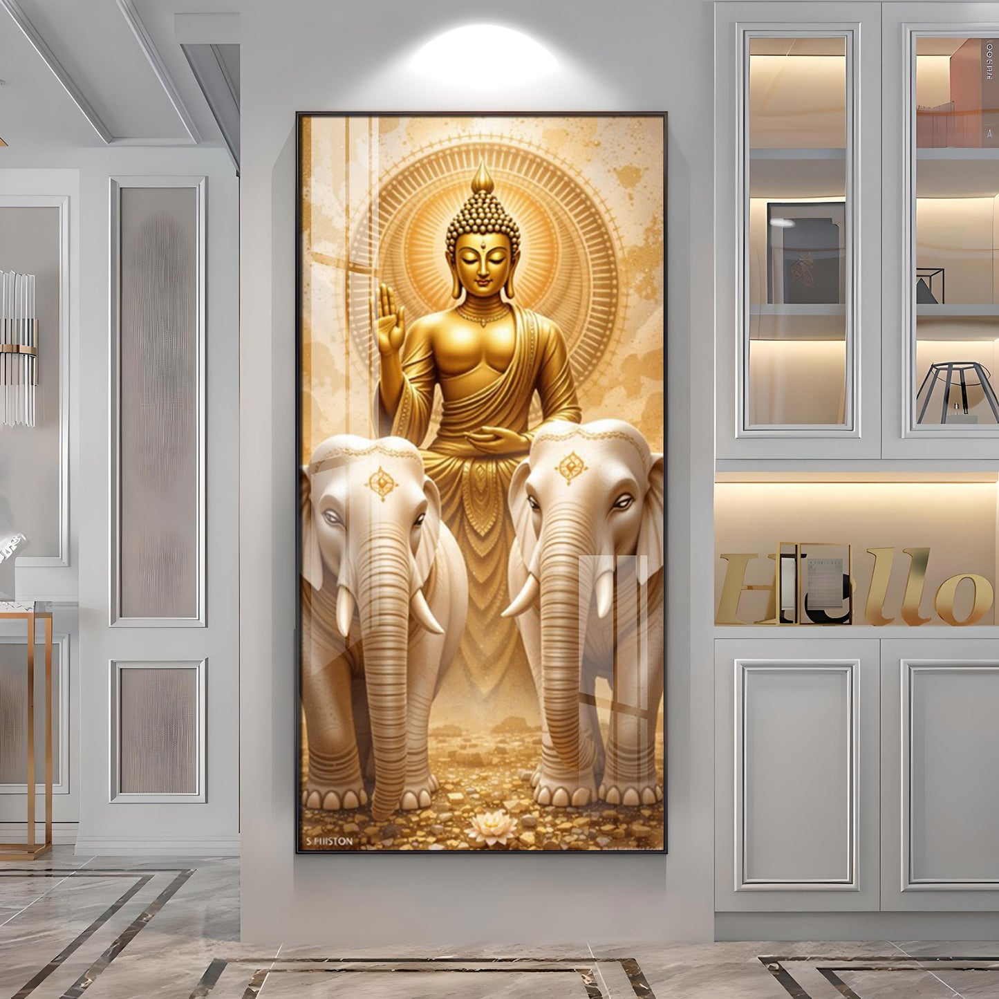 Meditating Budha With Alpha Elephant Glass Finish Vertical Wall Art