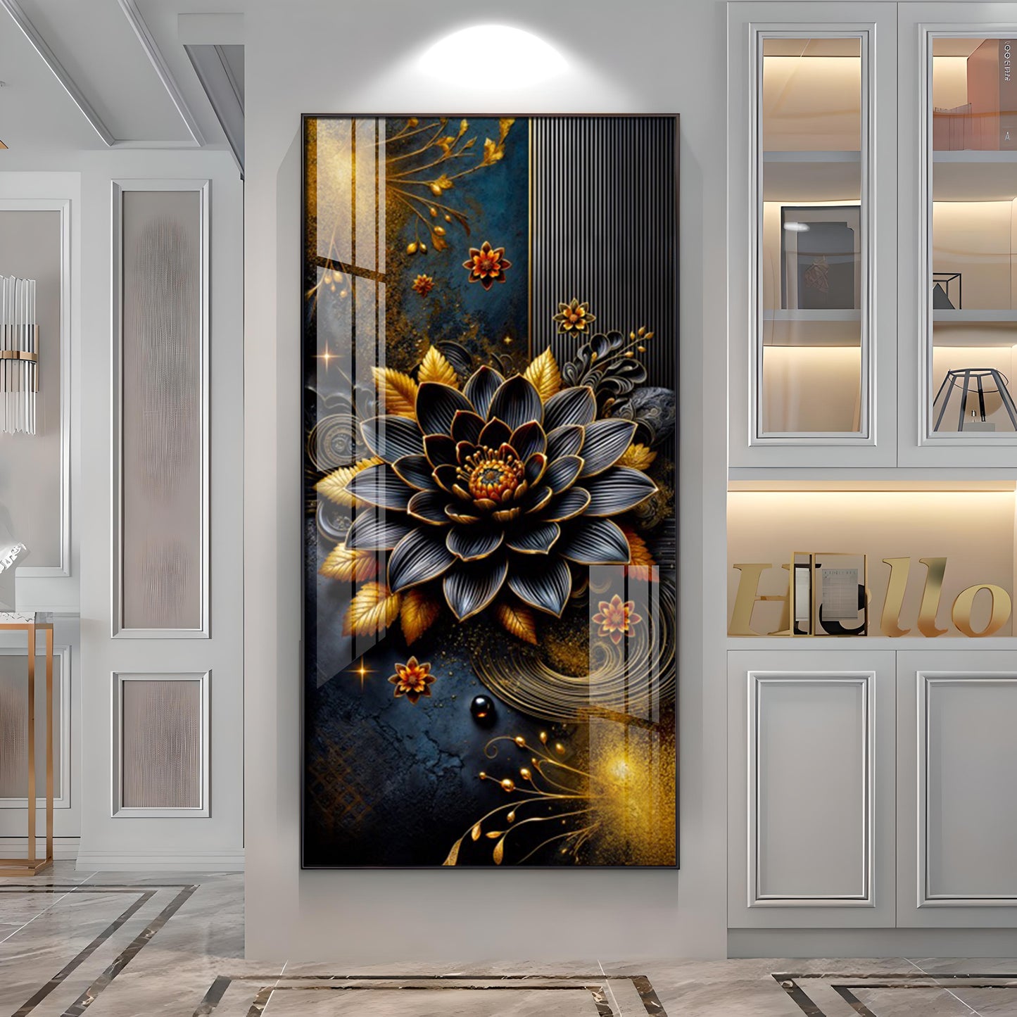 Surreal Black Flower Glass Finish Vertical Wall Art