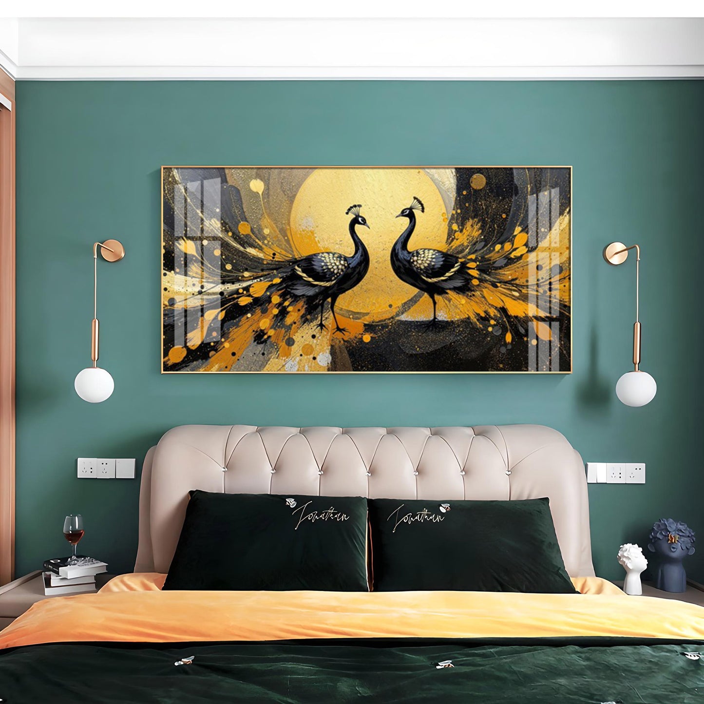 Abstract Two Peacock Looking Each Other Glass Finish Horizontal Wall Art