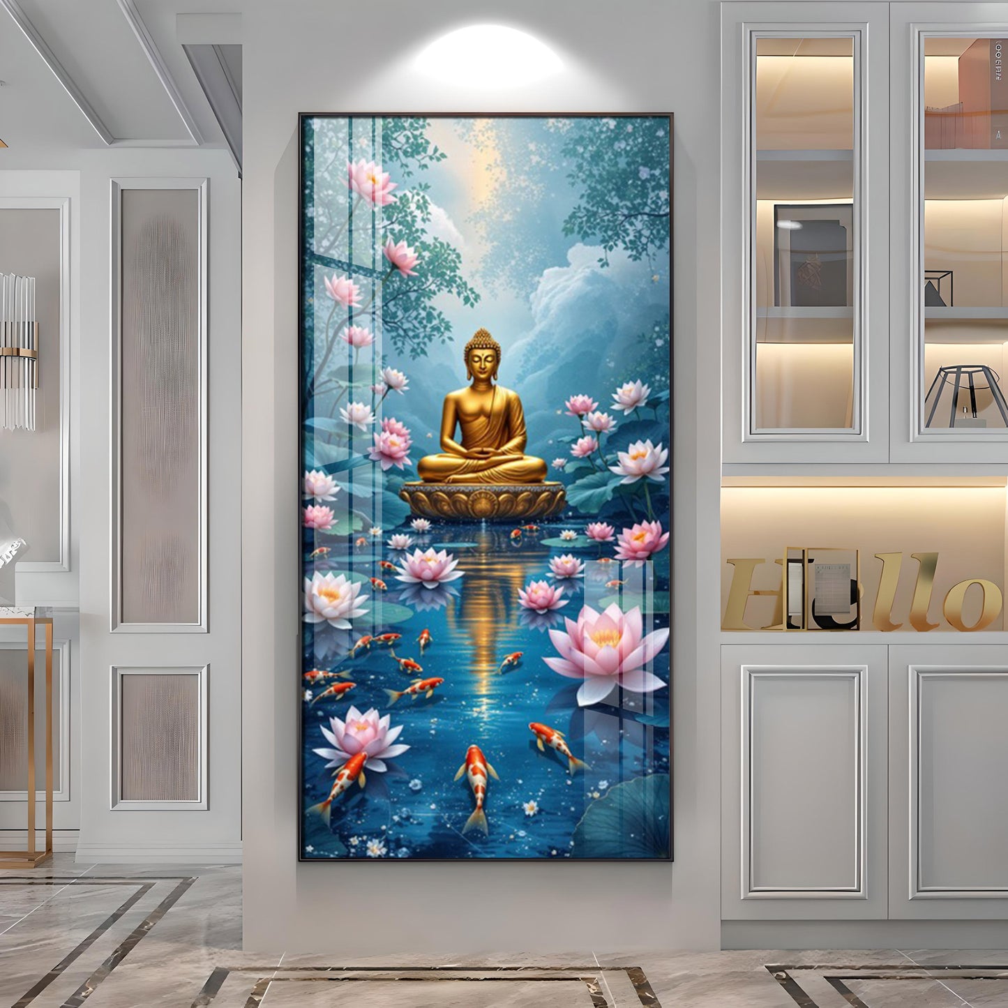 Meditating Budha With Lotus Glass Finish Vertical Wall Art