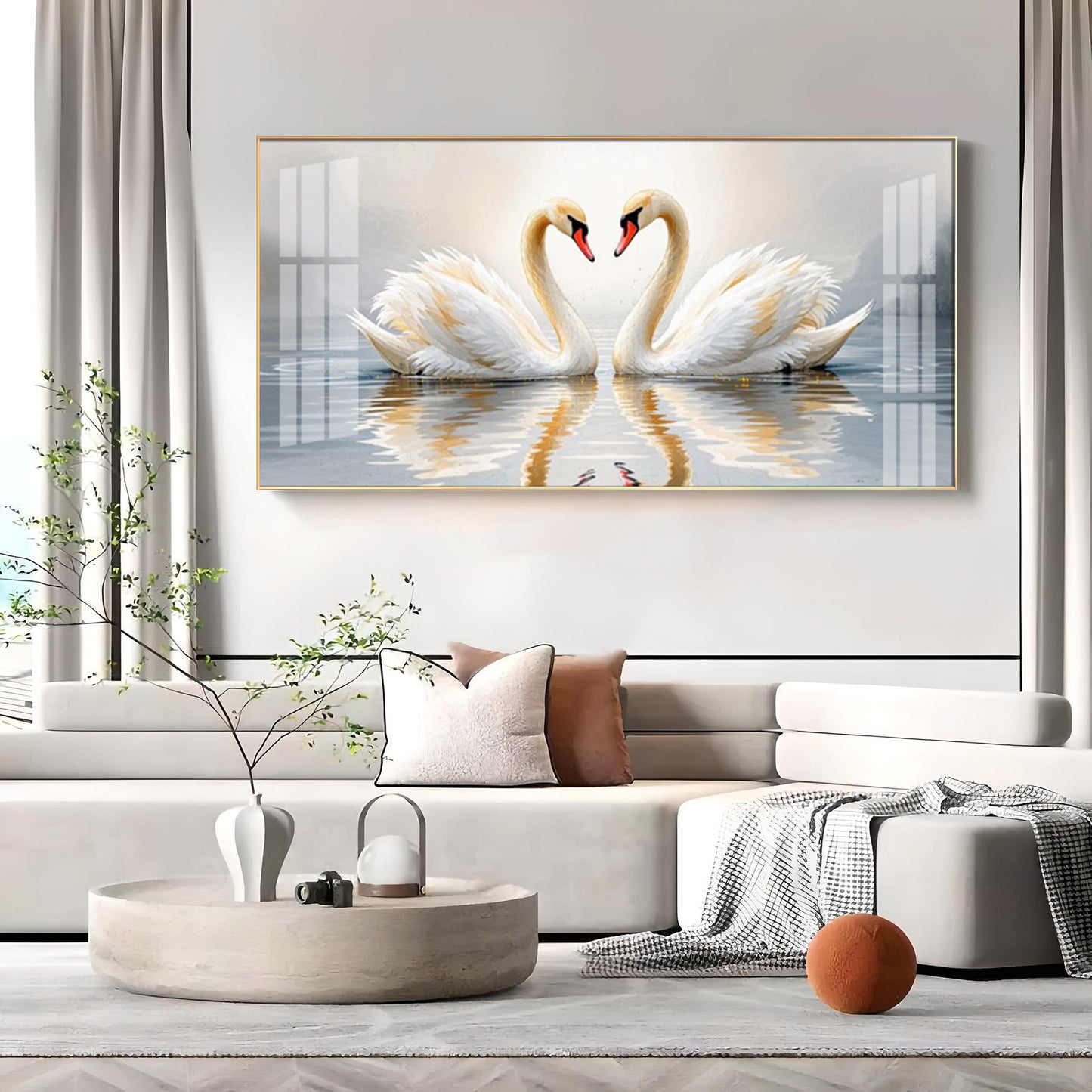 Two White Swan Glass Finish Horizontal Wall Art