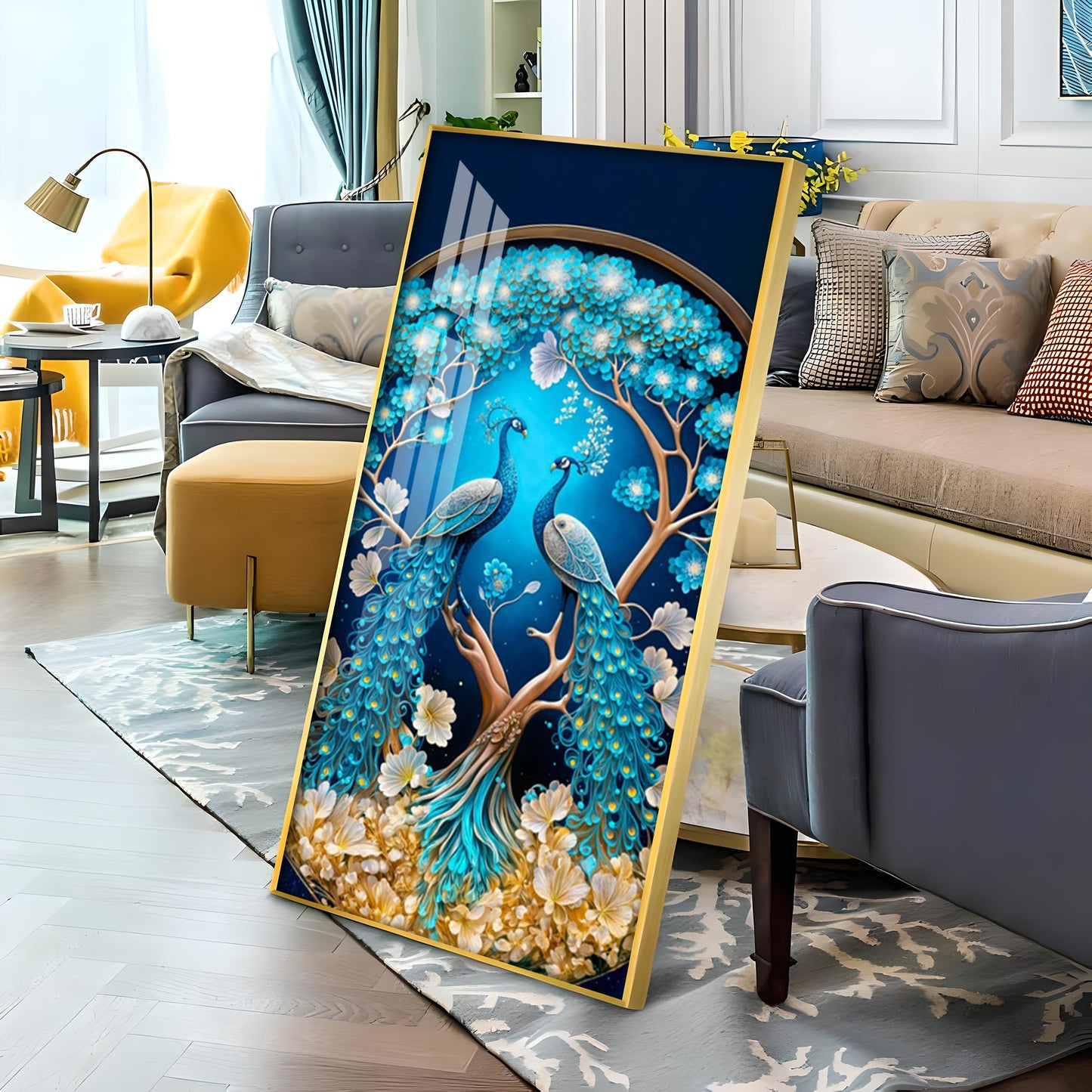 Peacock On Tree Branch Glass Finish Vertical Wall Art