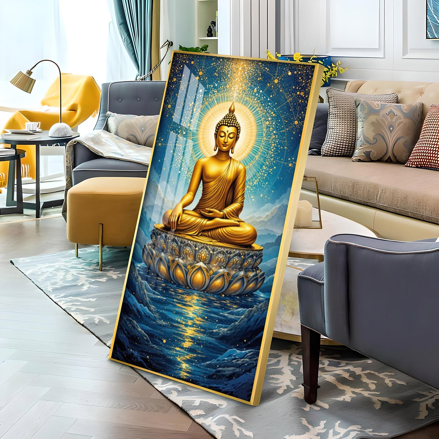 Calm Buddha In River Glass Finish Vertical Wall Art