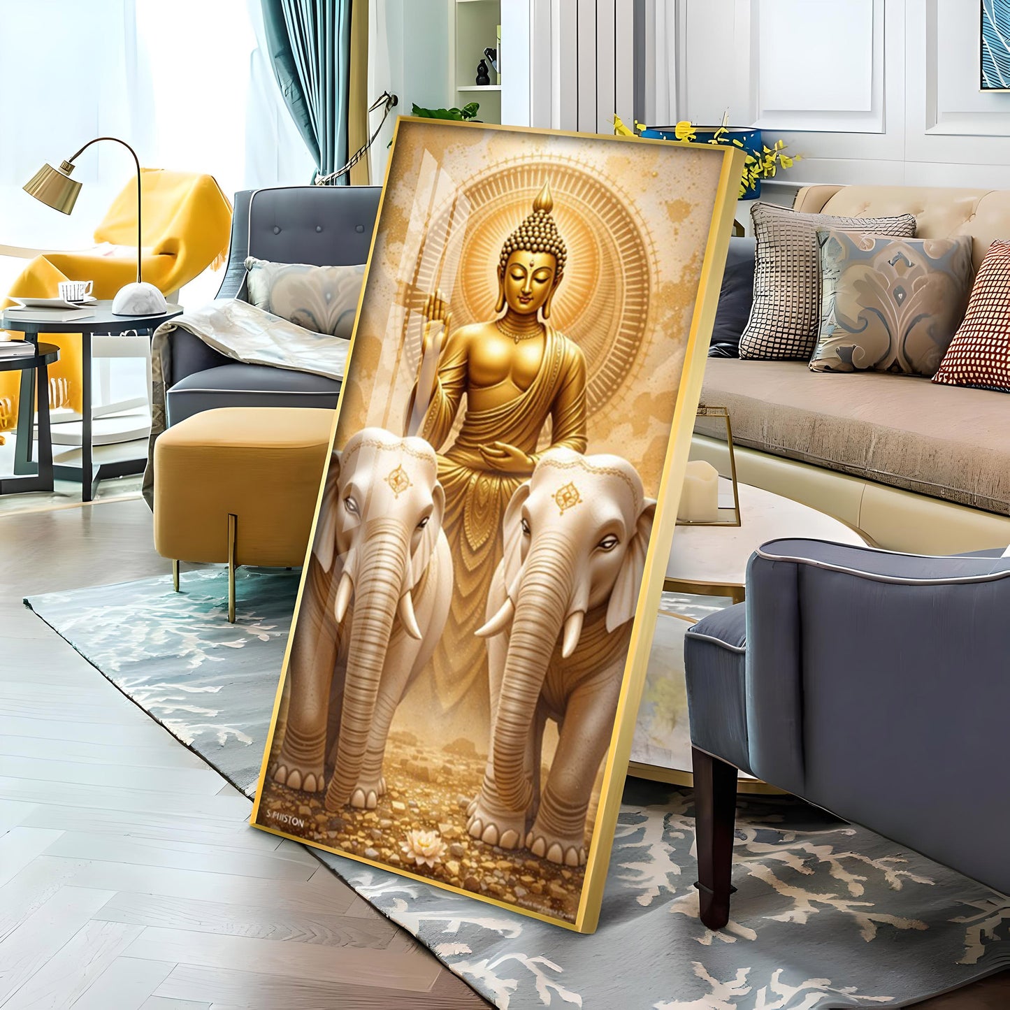 Meditating Budha With Alpha Elephant Glass Finish Vertical Wall Art