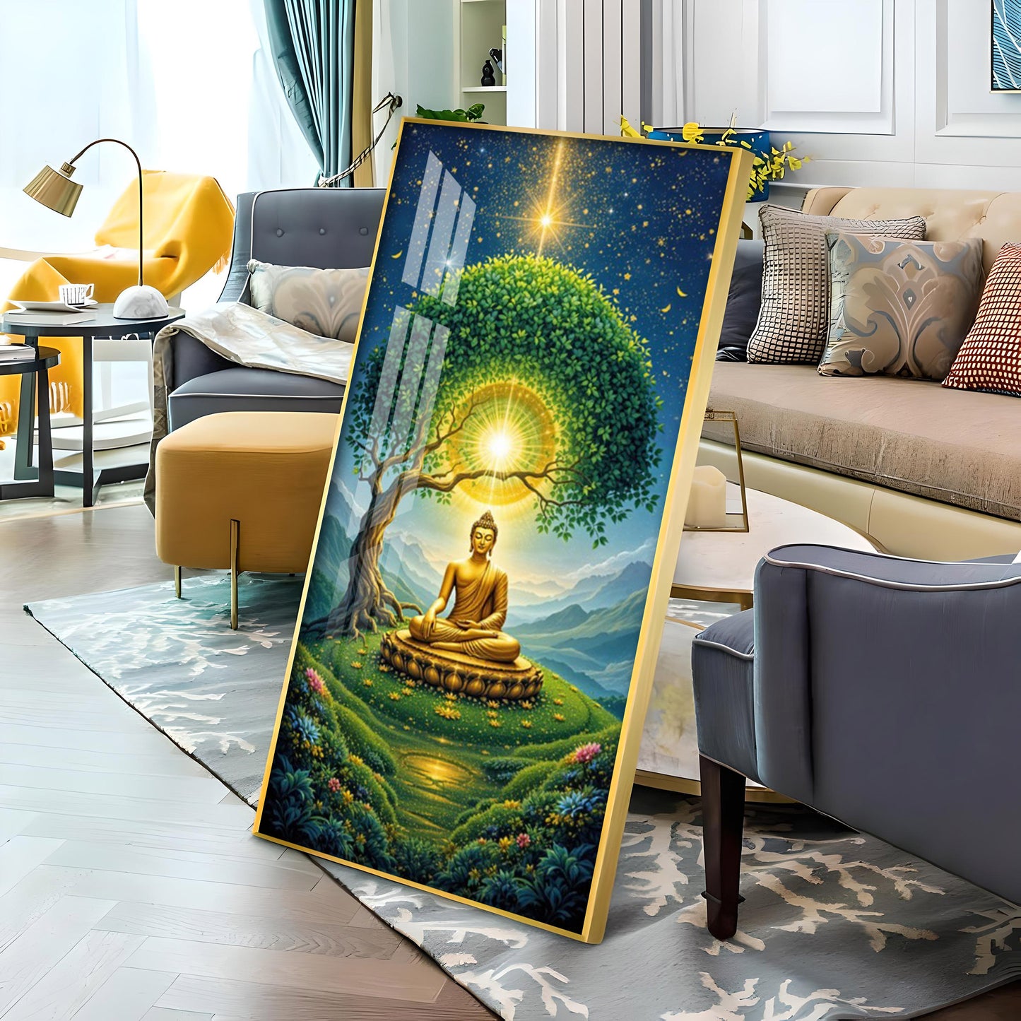 Meditating Buddha In Nature Glass Finish Vertical Wall Art