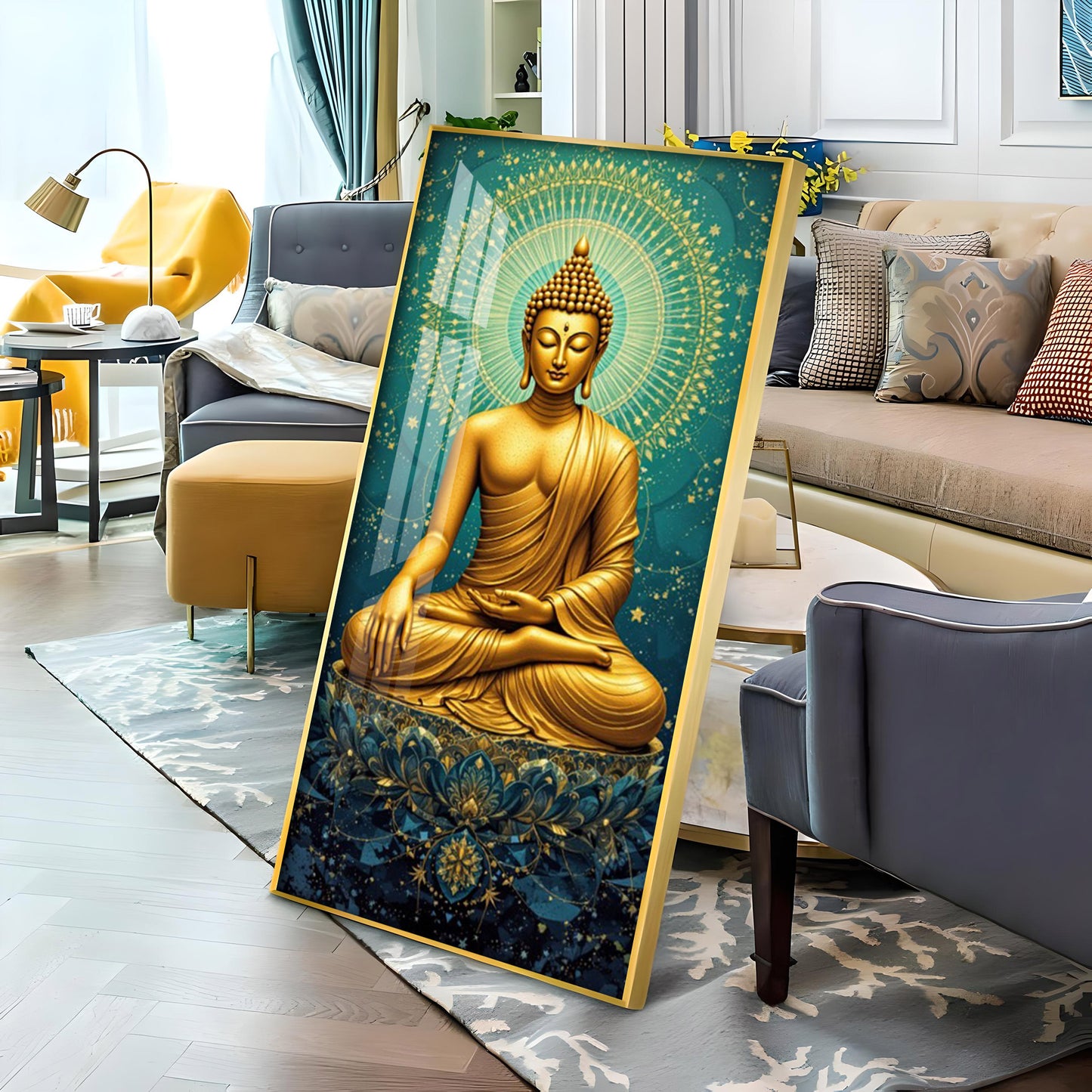 Golden Buddha's Energetic Wisdom Glass Finish Vertical Wall Art