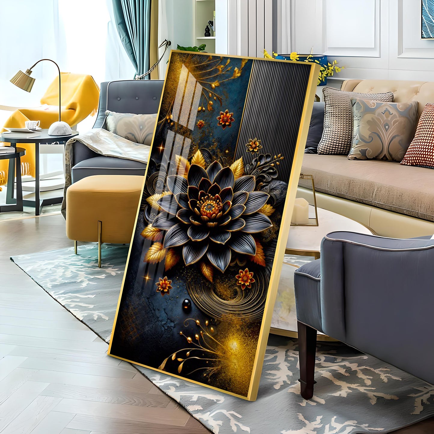 Surreal Black Flower Glass Finish Vertical Wall Art