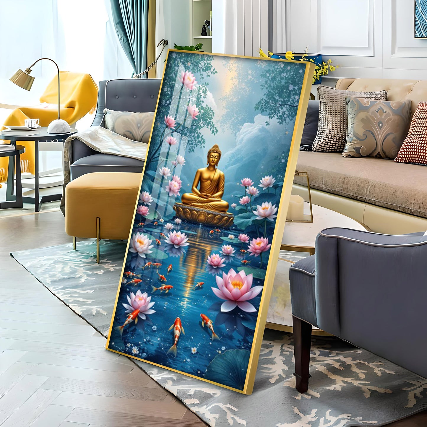Meditating Budha With Lotus Glass Finish Vertical Wall Art