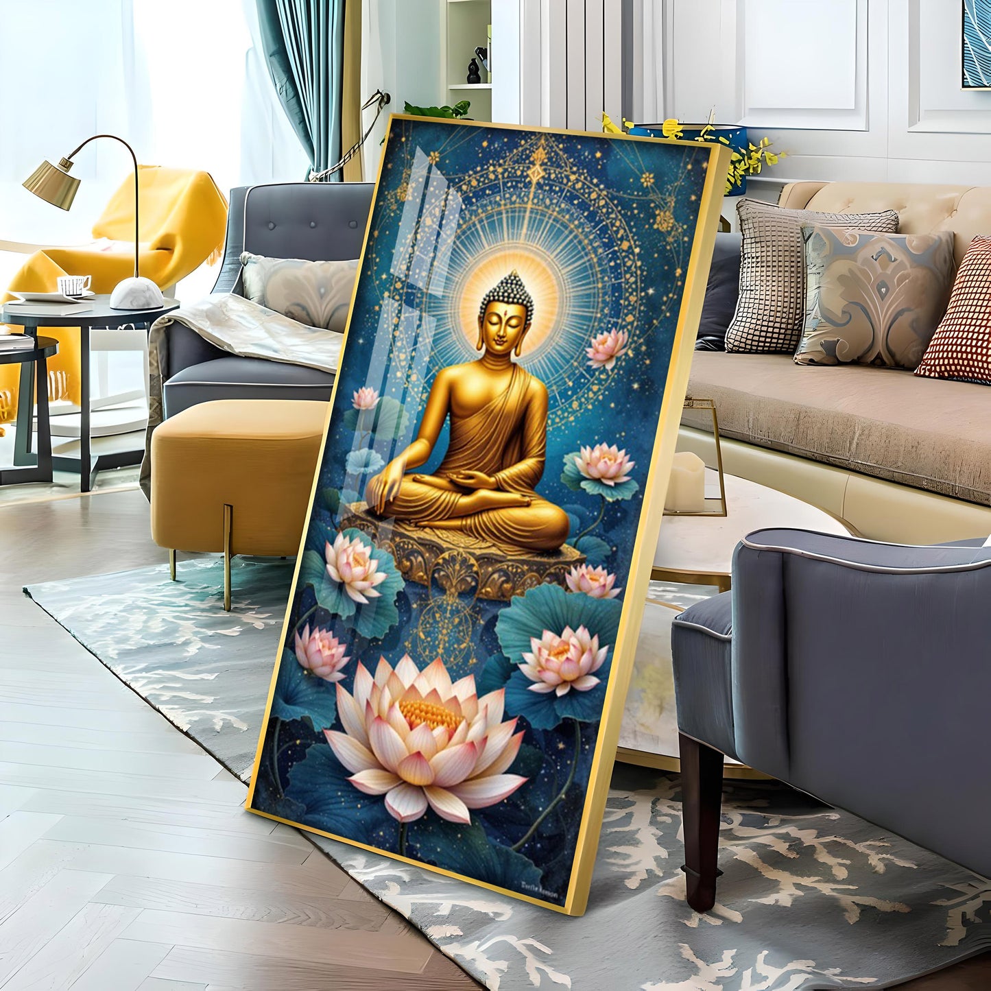 Meditating Buddha With White Lotus Glass Finish Vertical Wall Art