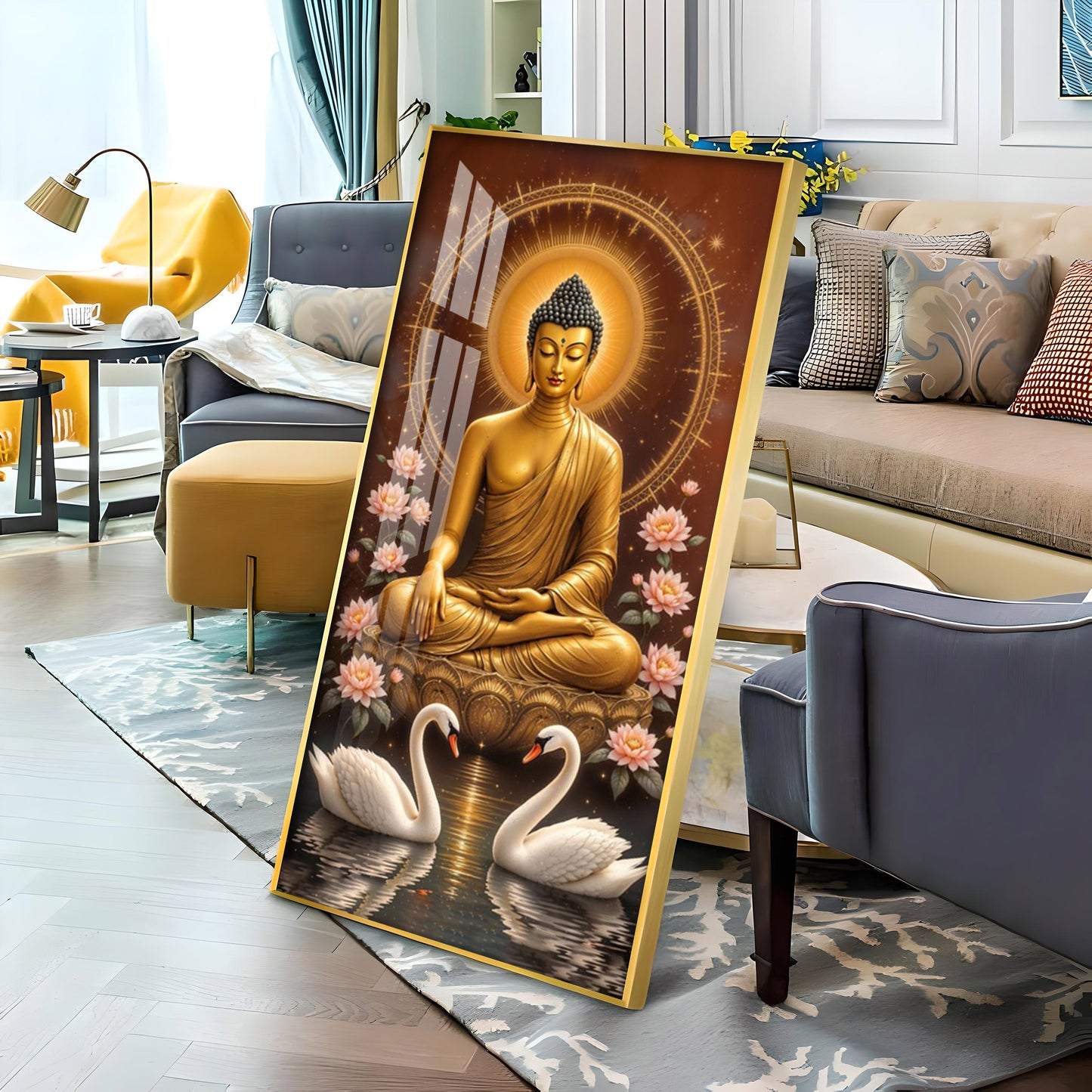 Meditating Budha With Swarn Glass Finish Vertical Wall Art