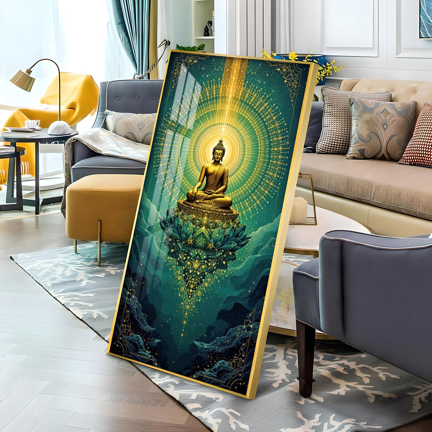 Surreal Energy Of Budha Glass Finish Vertical Wall Art