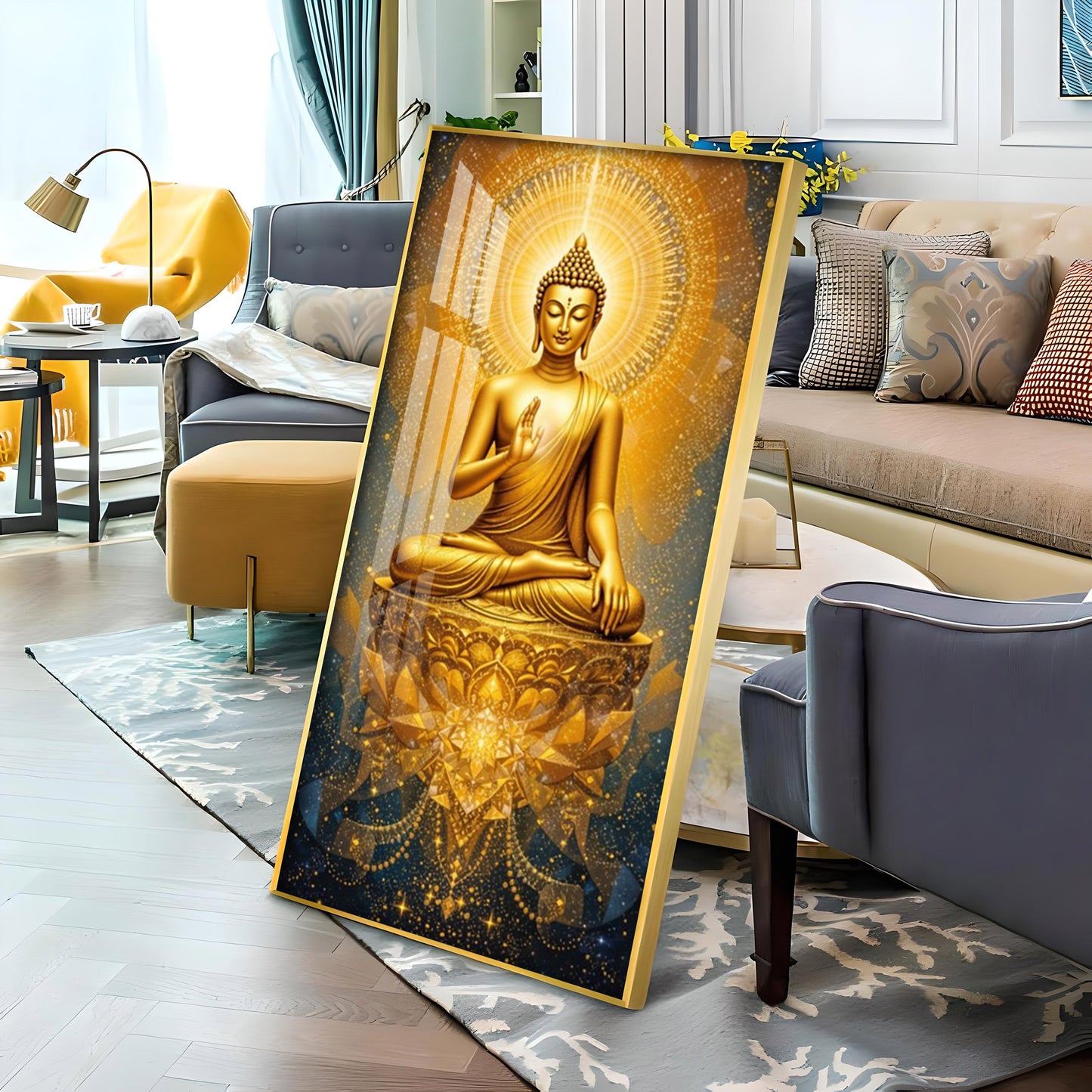 Golden Budha's Aura Glass Finish Vertical Wall Art