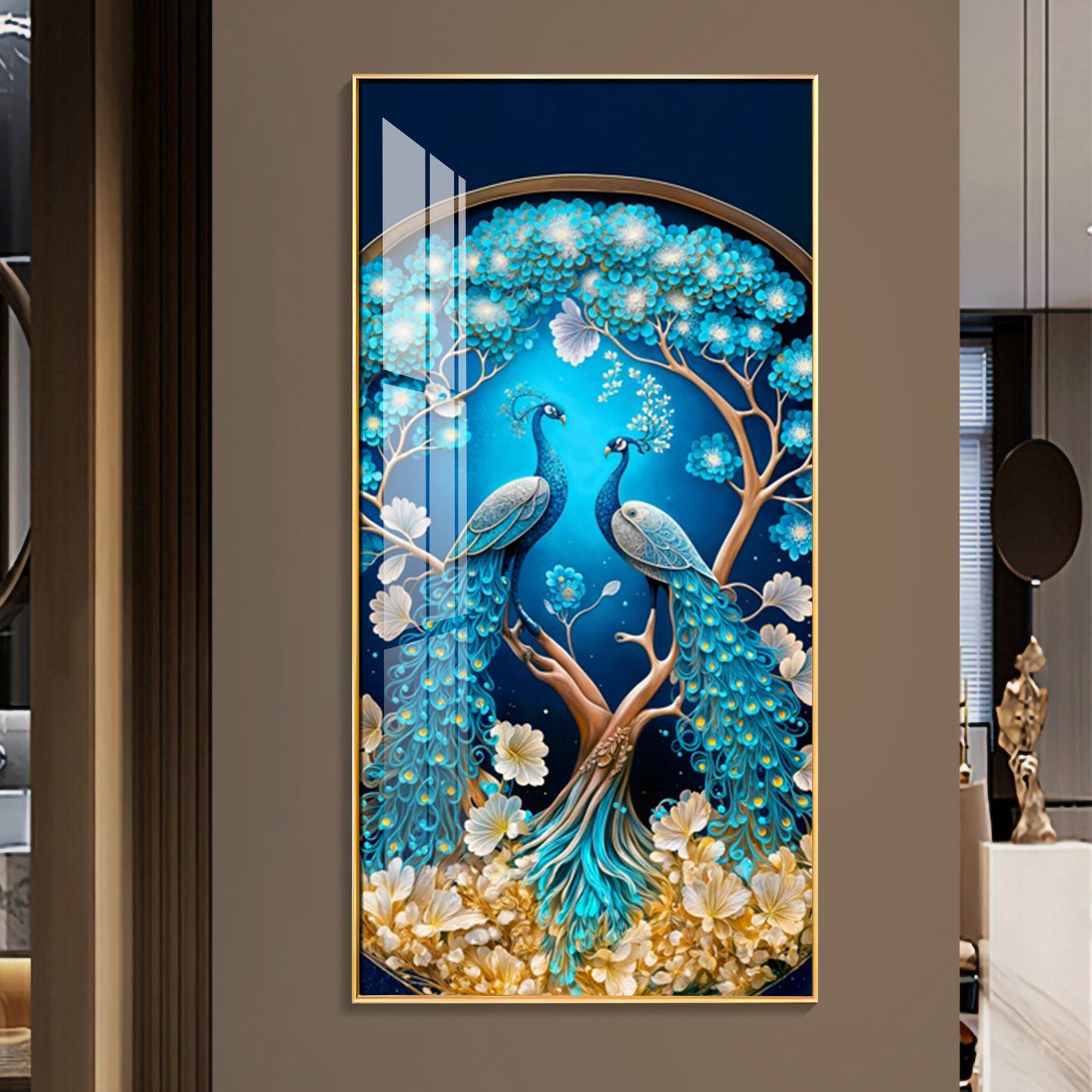 Peacock On Tree Branch Glass Finish Vertical Wall Art