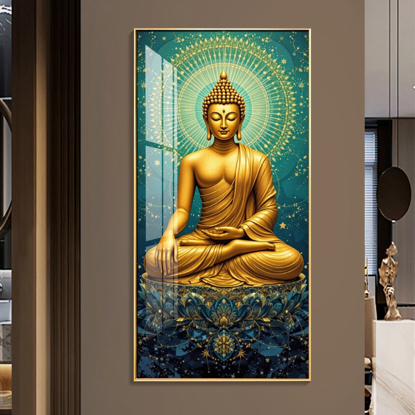 Golden Buddha's Energetic Wisdom Glass Finish Vertical Wall Art