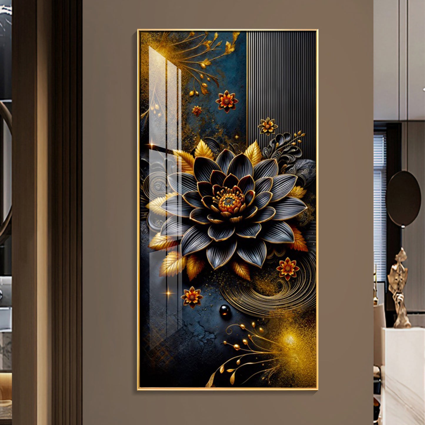 Surreal Black Flower Glass Finish Vertical Wall Art
