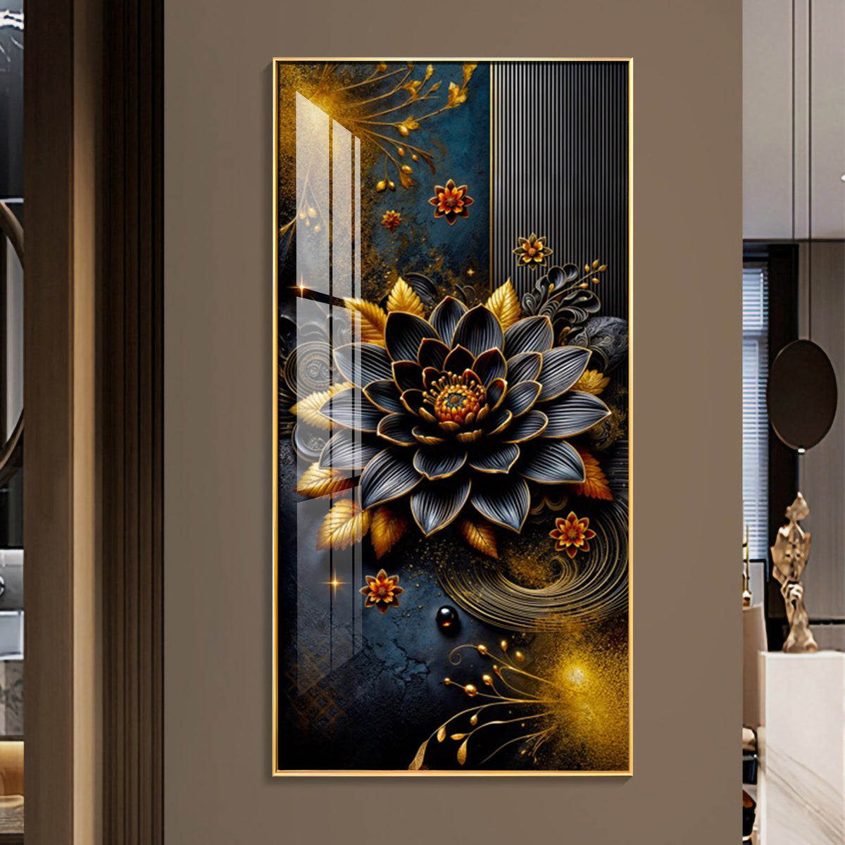 Surreal Black Flower Glass Finish Vertical Wall Art