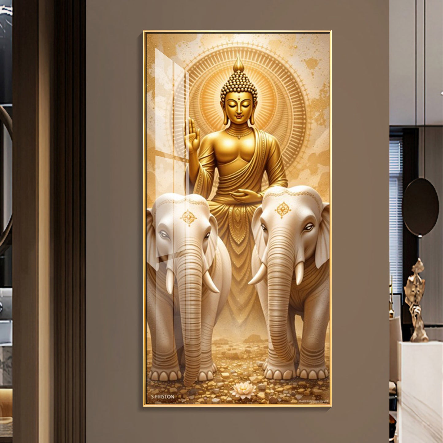 Meditating Budha With Alpha Elephant Glass Finish Vertical Wall Art