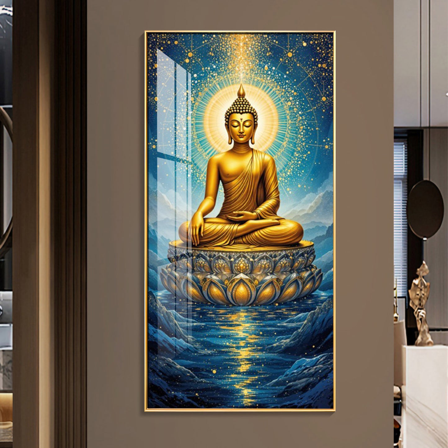 Calm Buddha In River Glass Finish Vertical Wall Art