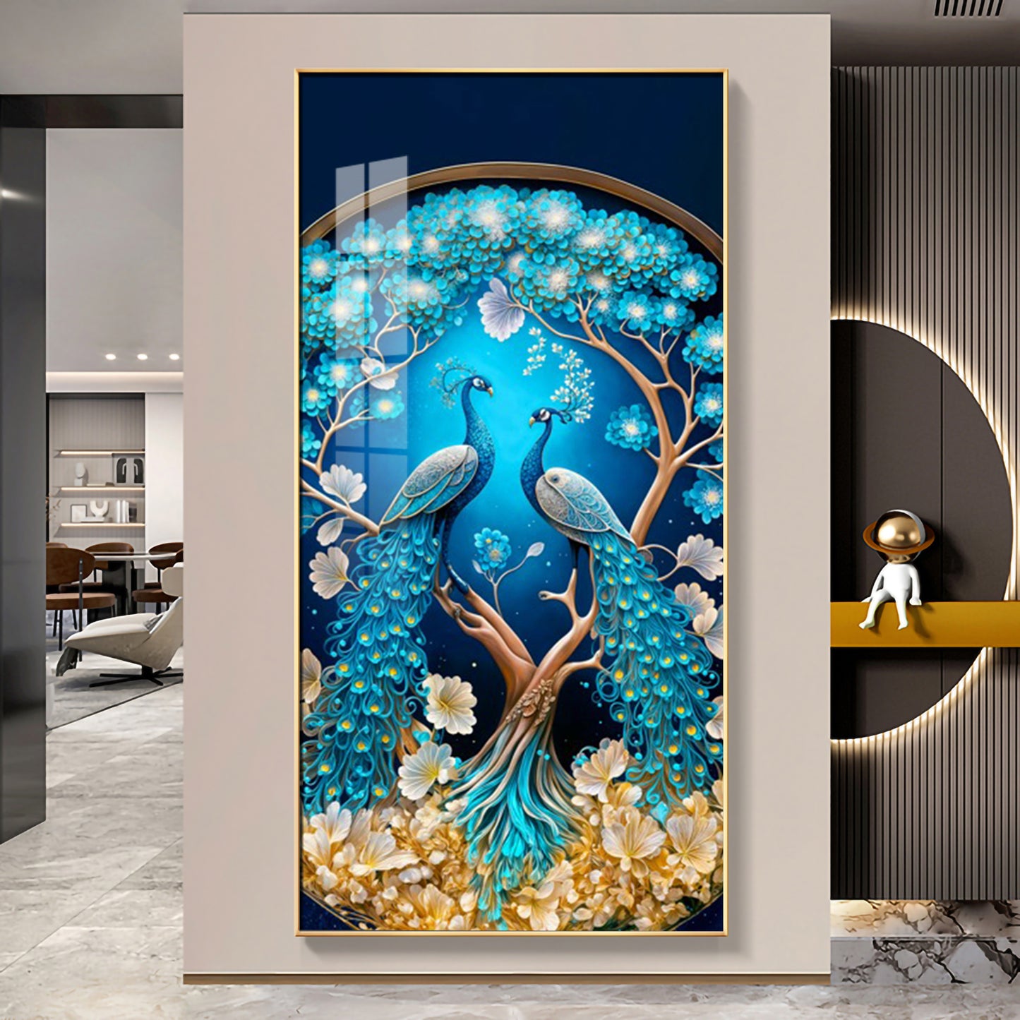 Peacock On Tree Branch Glass Finish Vertical Wall Art