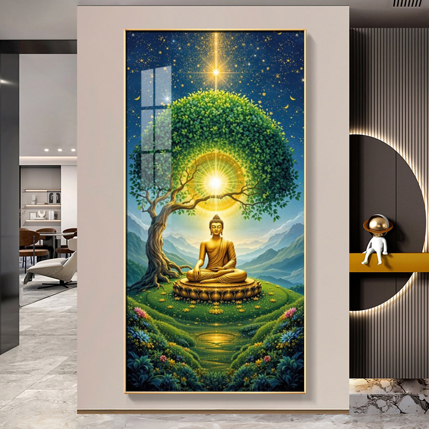 Meditating Buddha In Nature Glass Finish Vertical Wall Art