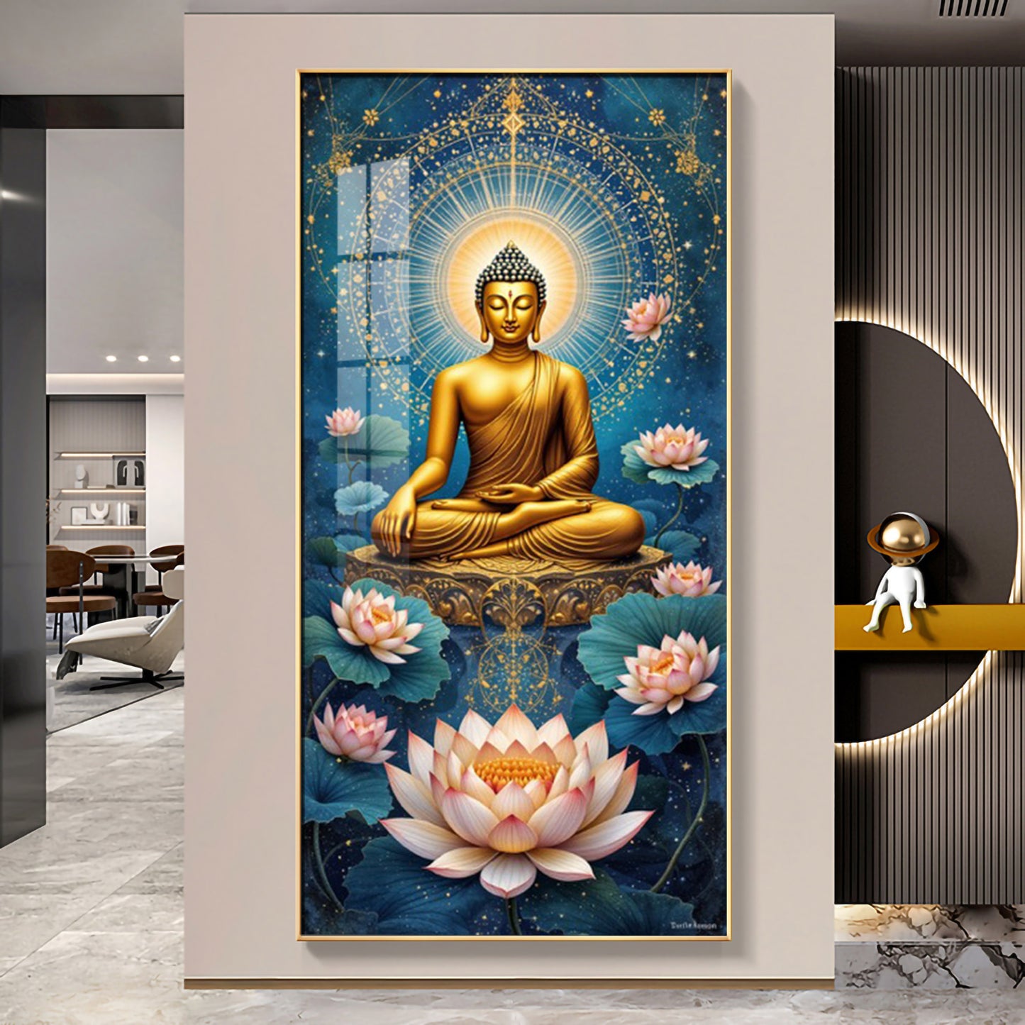 Meditating Buddha With White Lotus Glass Finish Vertical Wall Art