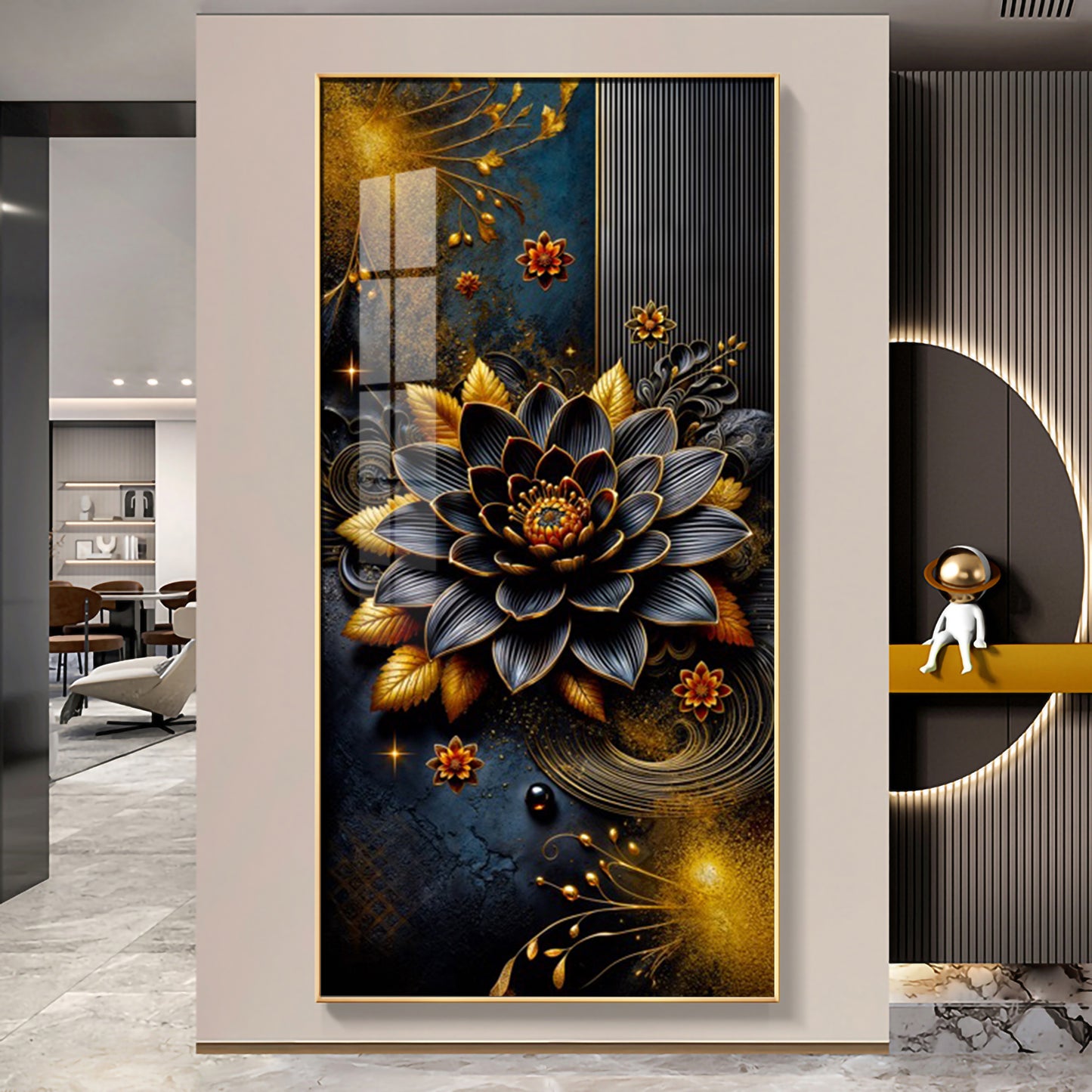 Surreal Black Flower Glass Finish Vertical Wall Art