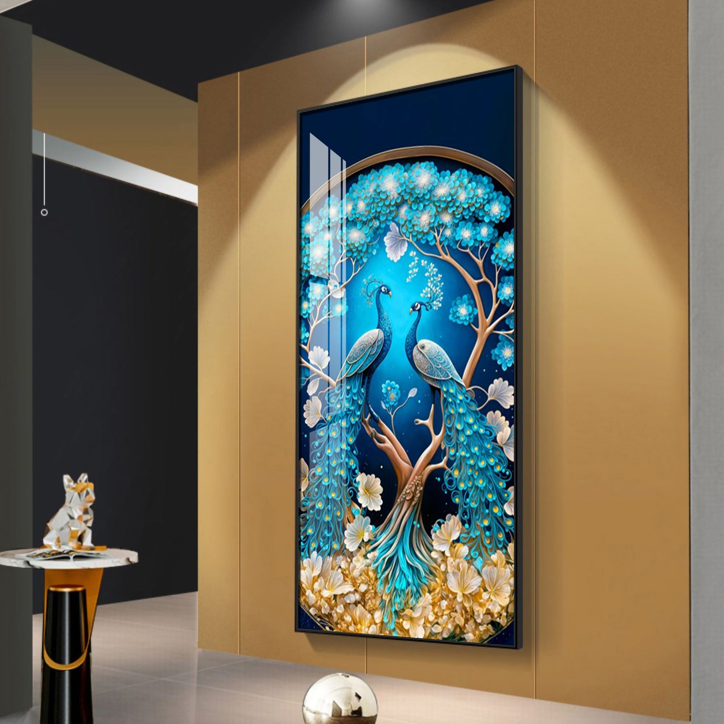 Peacock On Tree Branch Glass Finish Vertical Wall Art