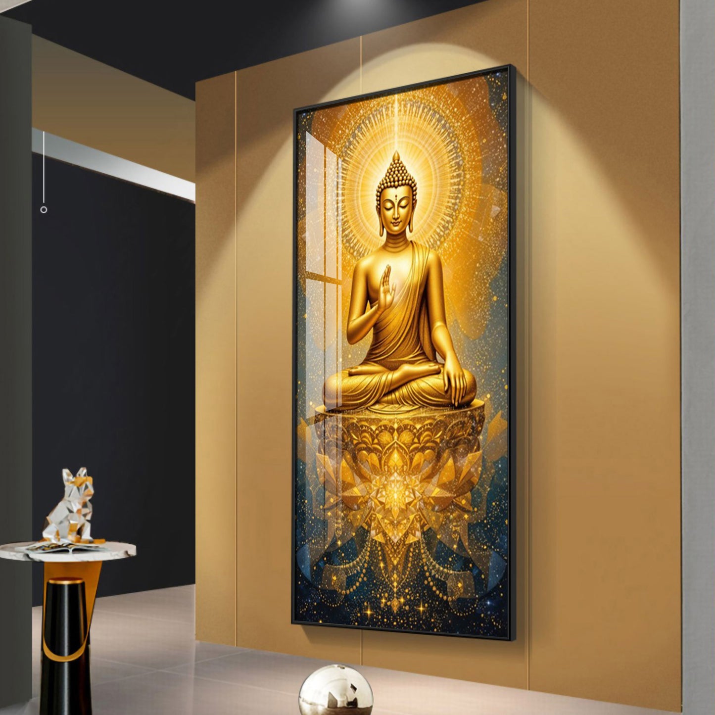 Golden Budha's Aura Glass Finish Vertical Wall Art