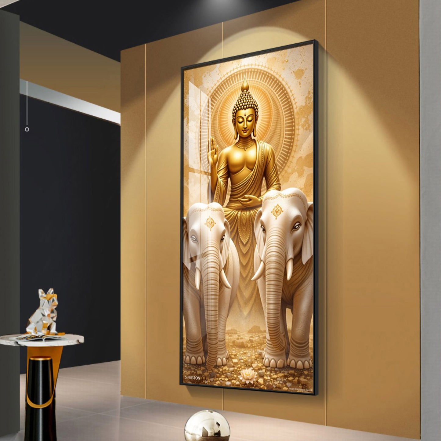 Meditating Budha With Alpha Elephant Glass Finish Vertical Wall Art