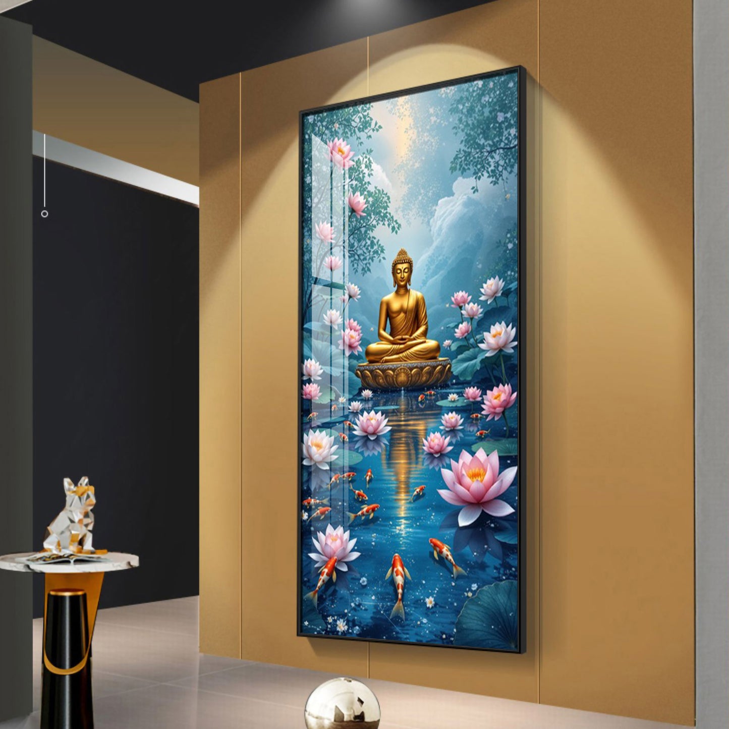 Meditating Budha With Lotus Glass Finish Vertical Wall Art