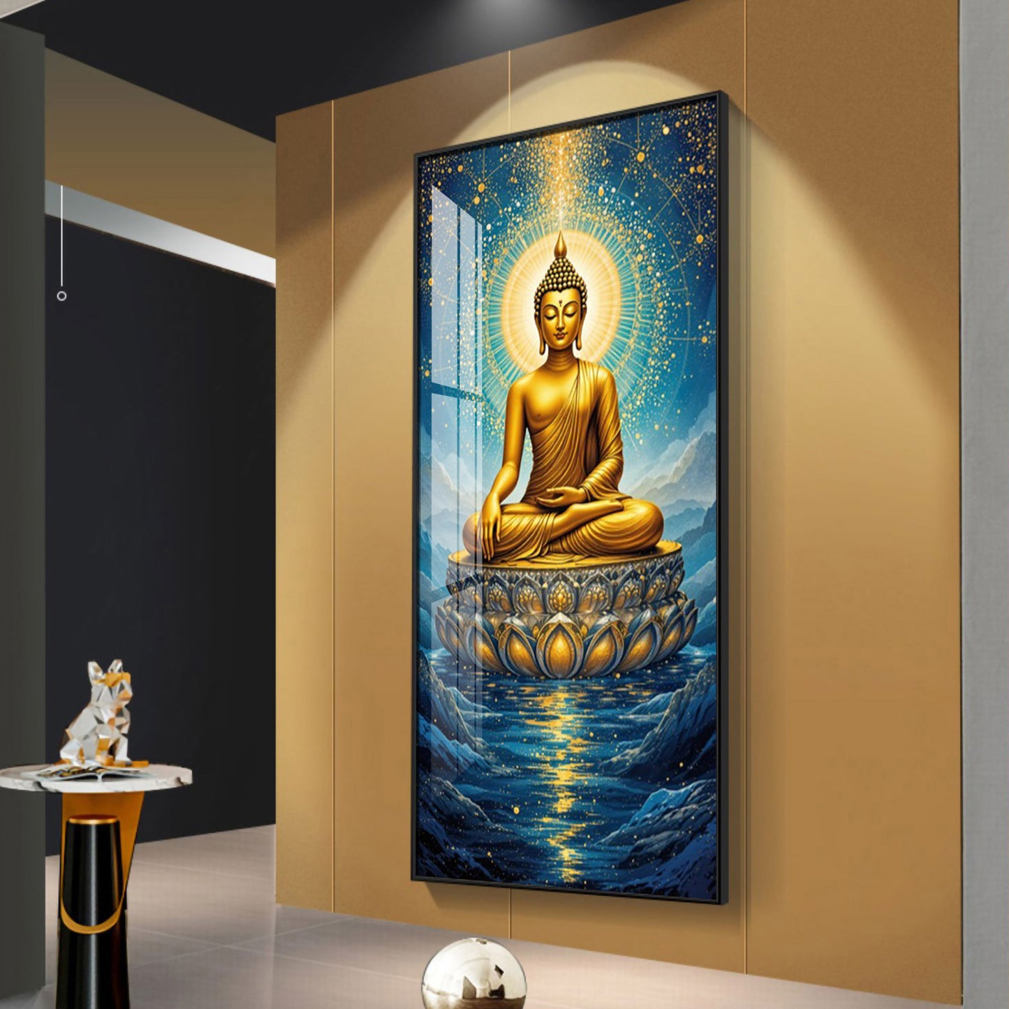 Calm Buddha In River Glass Finish Vertical Wall Art