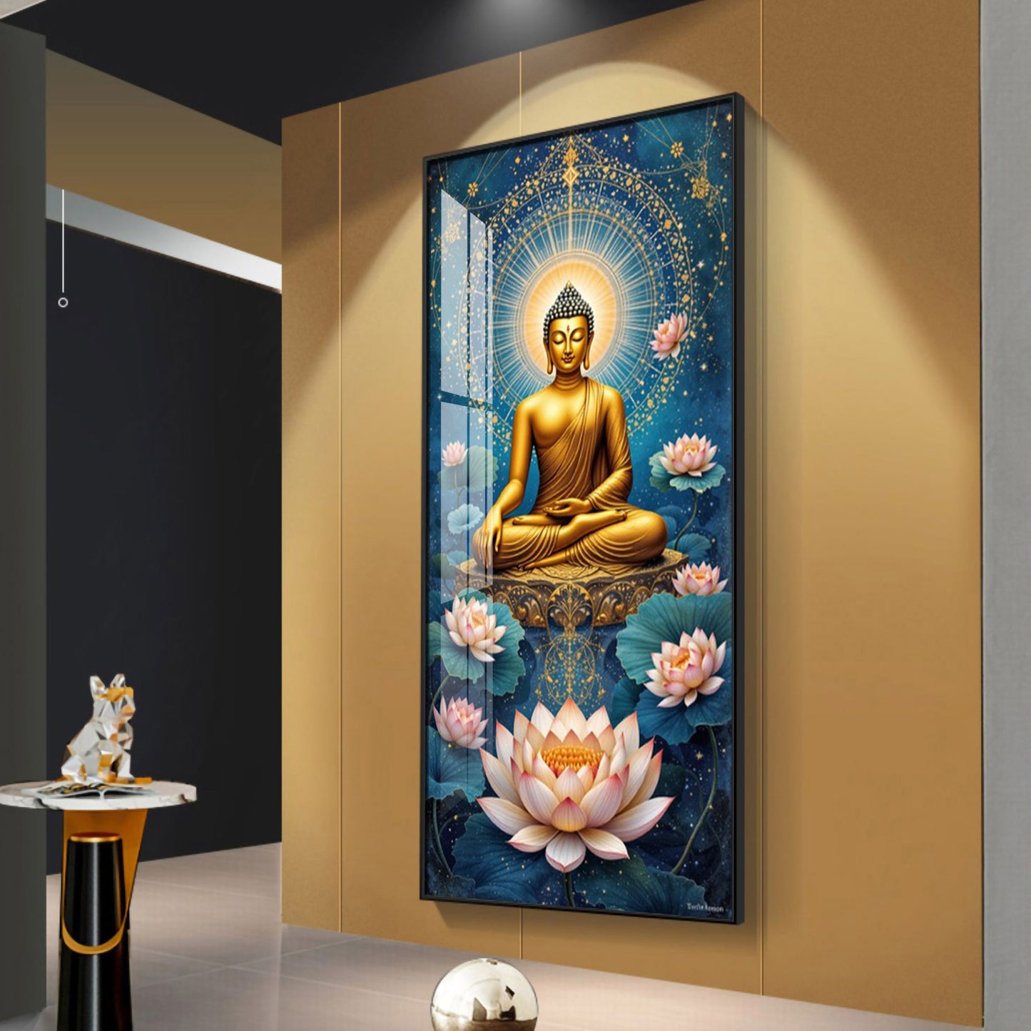 Meditating Buddha With White Lotus Glass Finish Vertical Wall Art