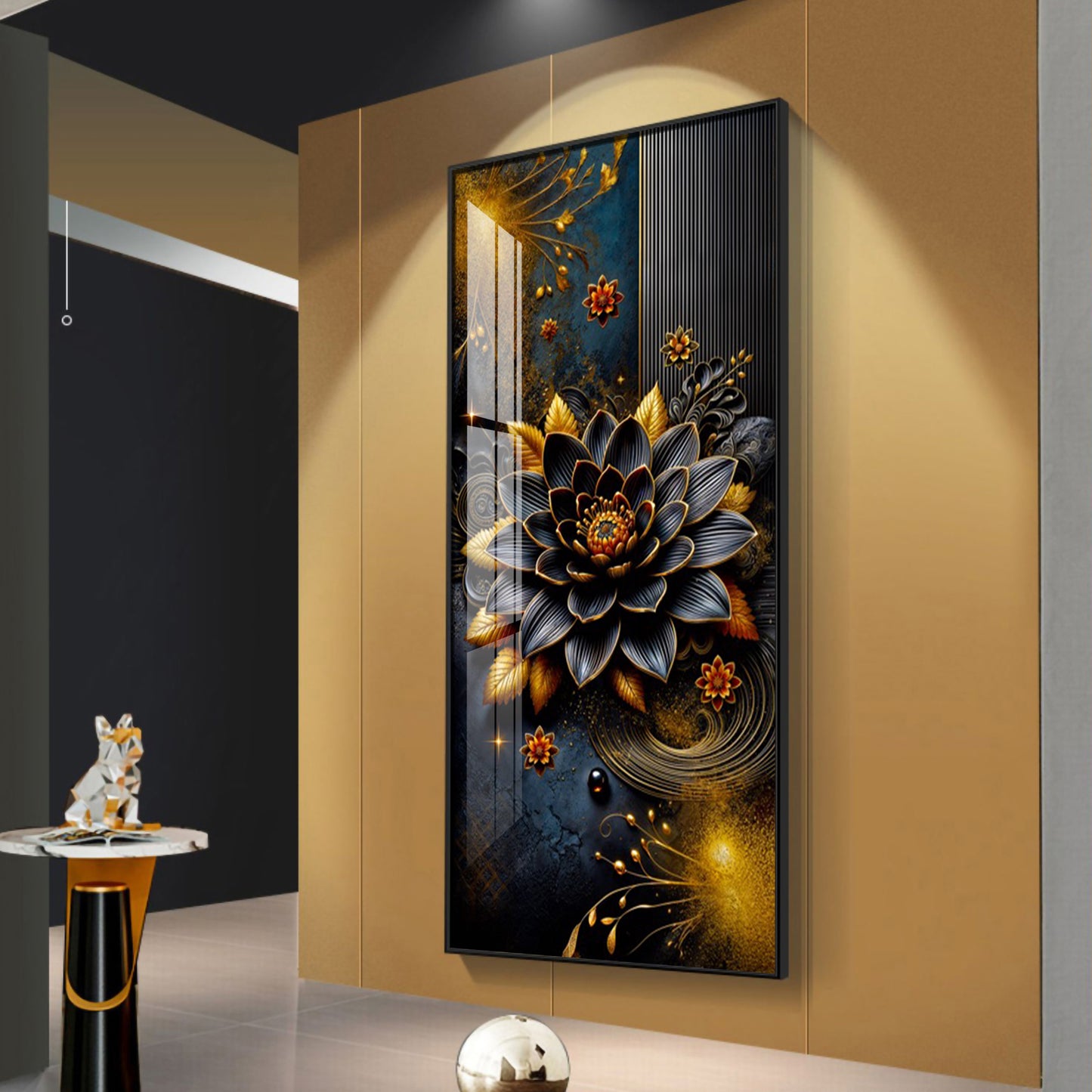 Surreal Black Flower Glass Finish Vertical Wall Art