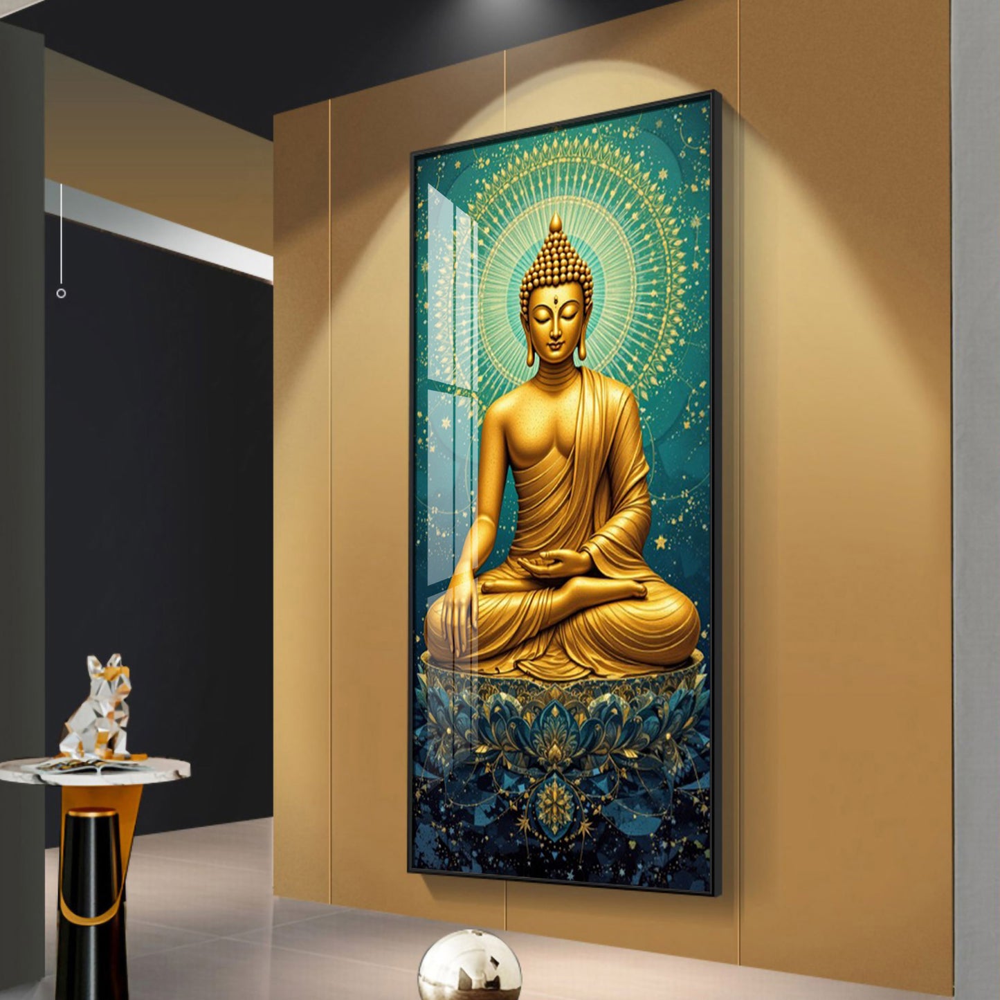 Golden Buddha's Energetic Wisdom Glass Finish Vertical Wall Art