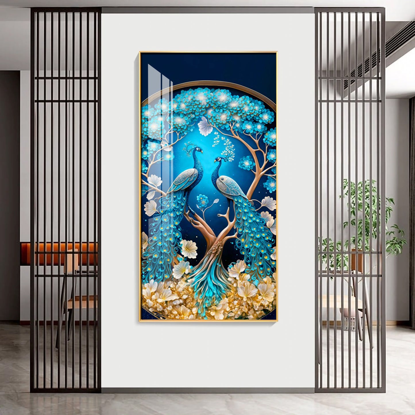 Peacock On Tree Branch Glass Finish Vertical Wall Art