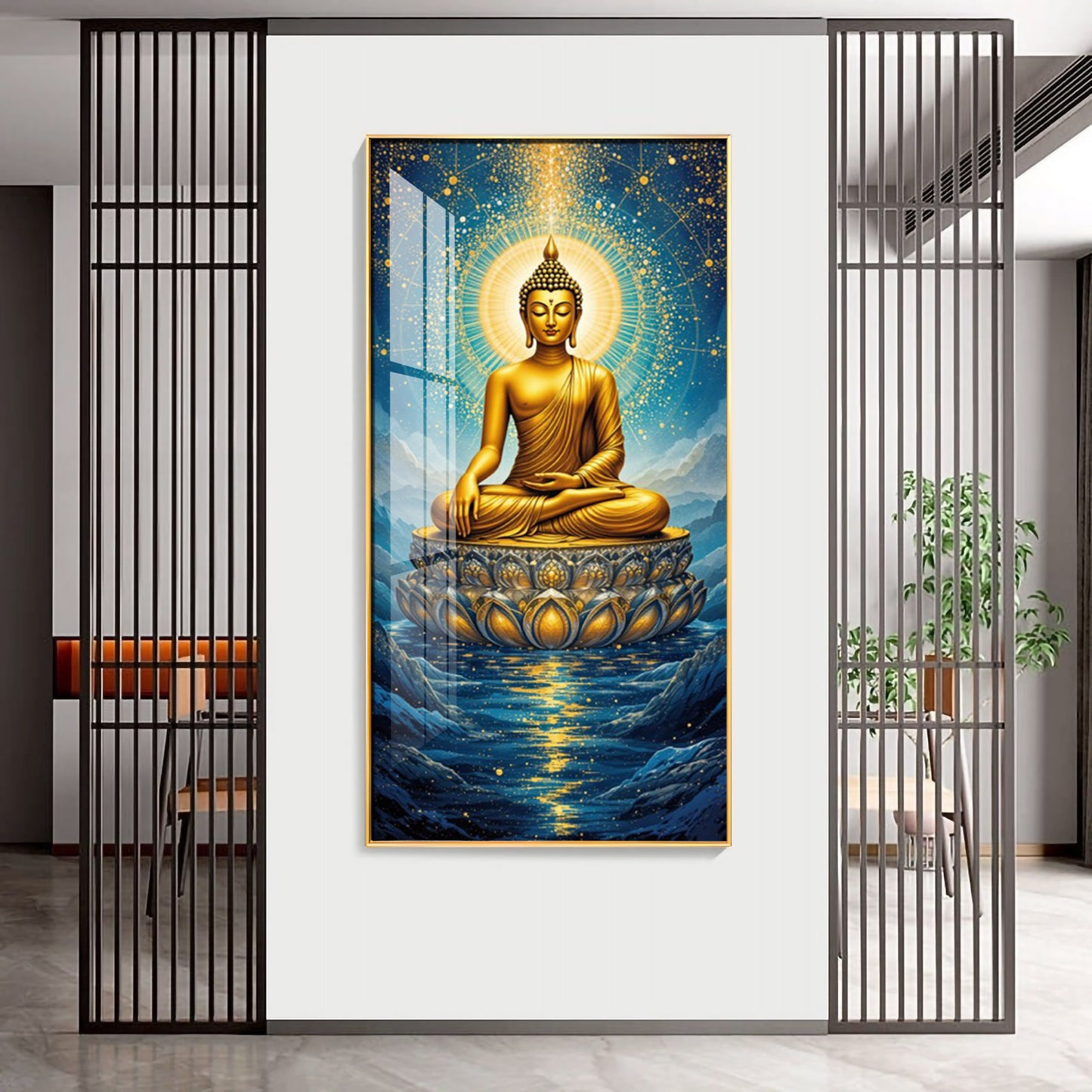 Calm Buddha In River Glass Finish Vertical Wall Art