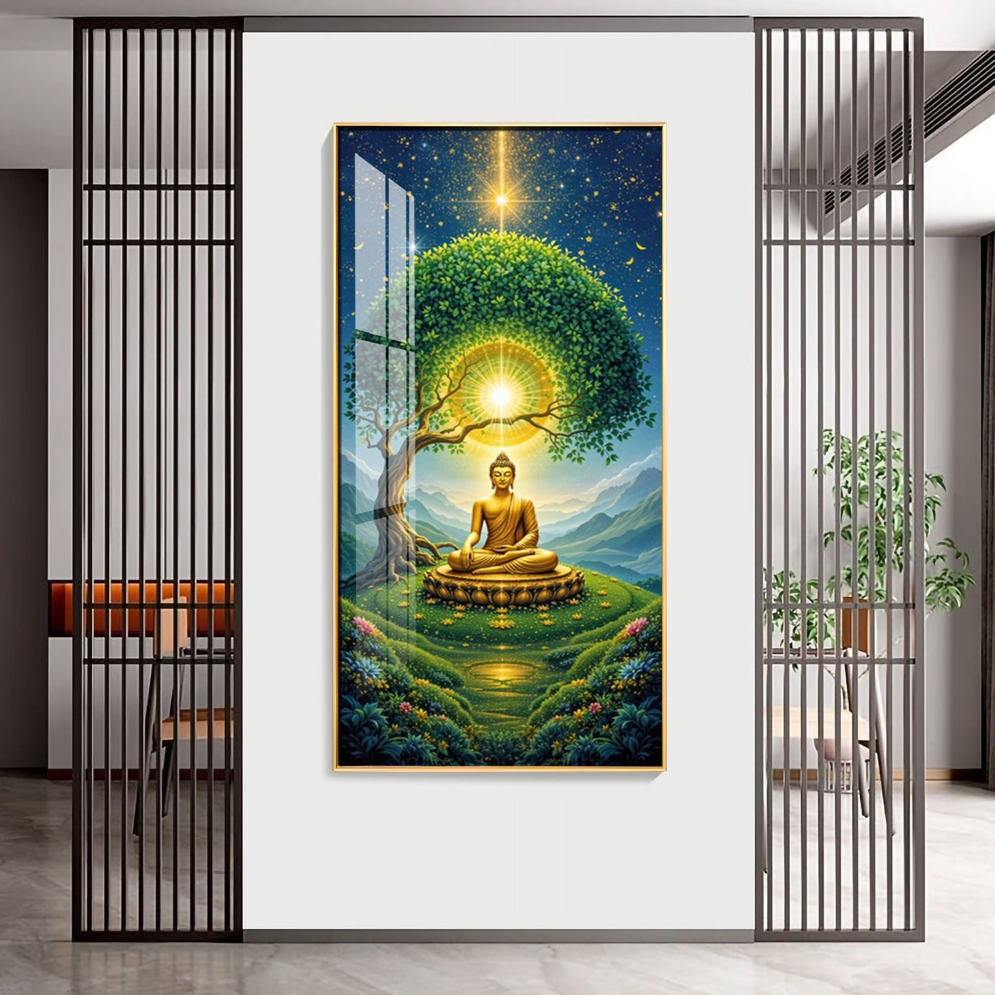 Meditating Buddha In Nature Glass Finish Vertical Wall Art
