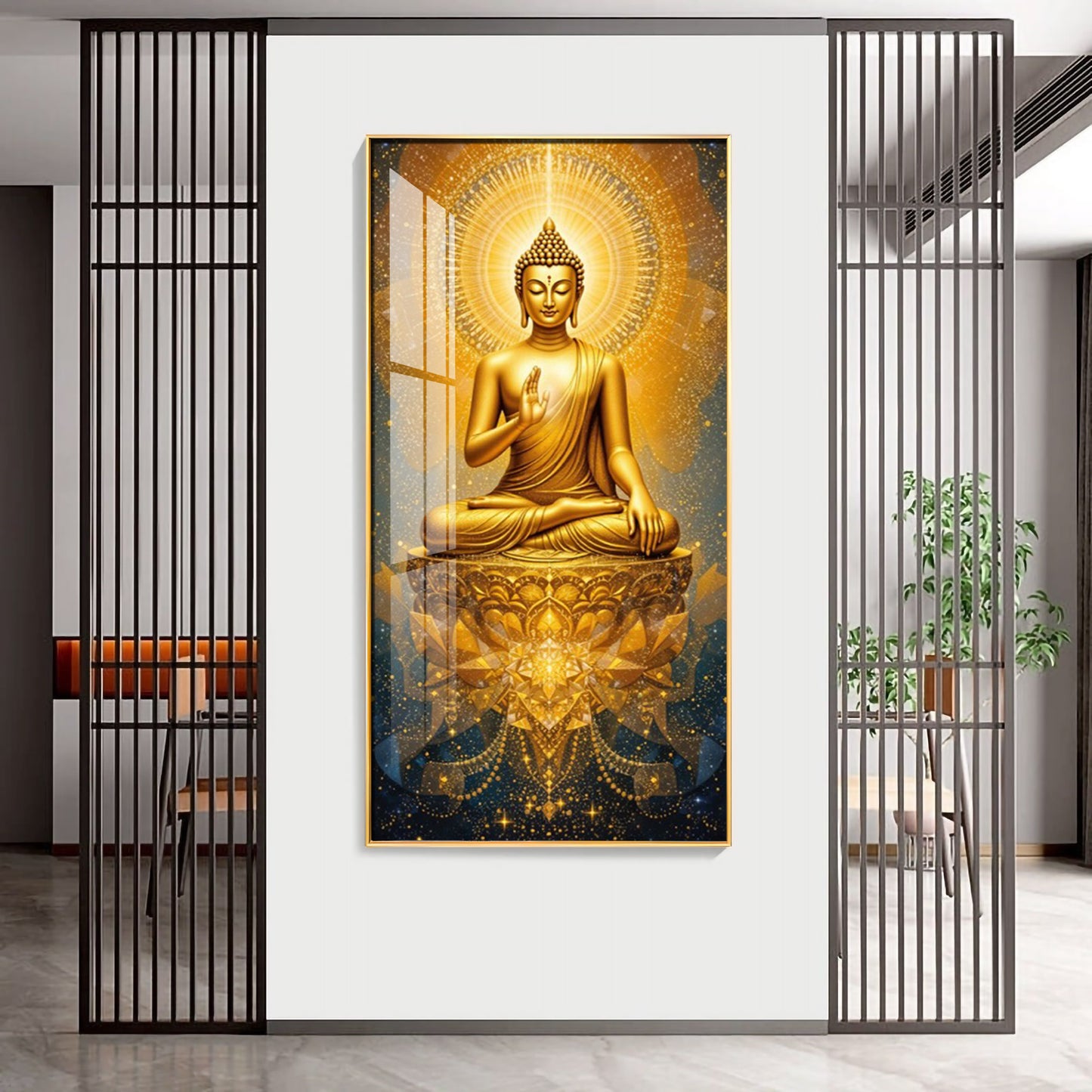 Golden Budha's Aura Glass Finish Vertical Wall Art