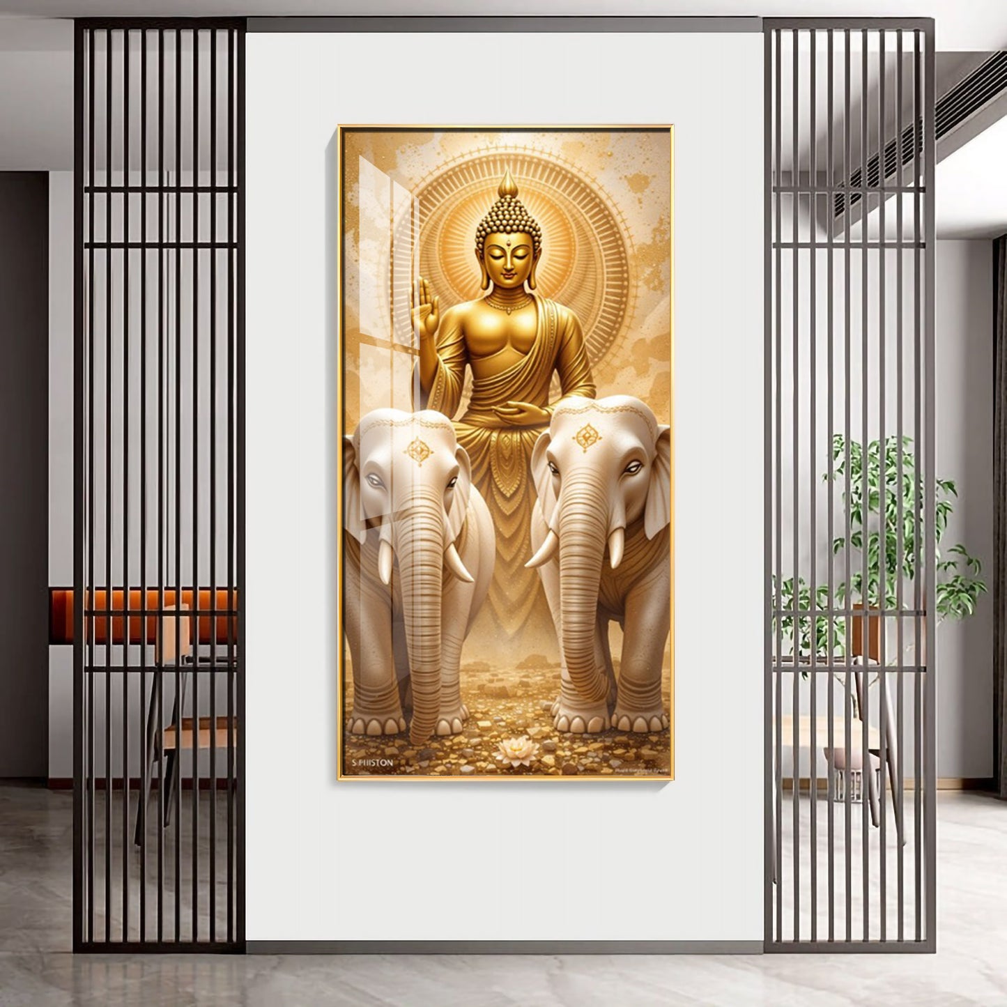 Meditating Budha With Alpha Elephant Glass Finish Vertical Wall Art