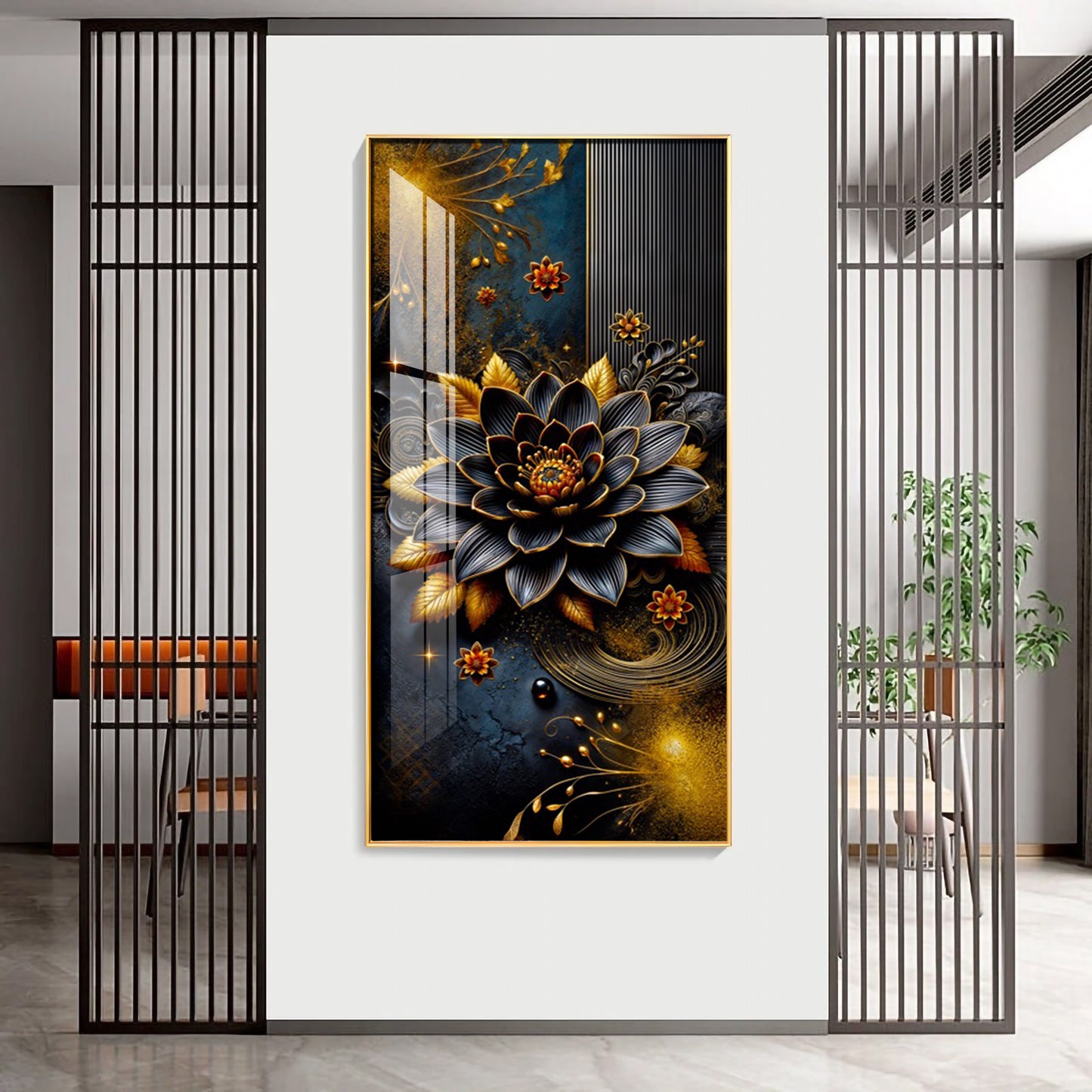 Surreal Black Flower Glass Finish Vertical Wall Art
