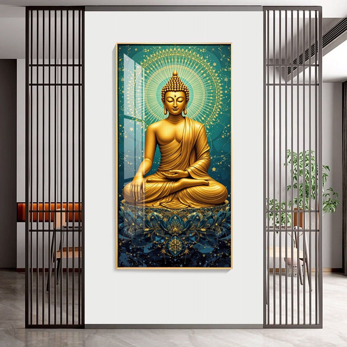 Golden Buddha's Energetic Wisdom Glass Finish Vertical Wall Art