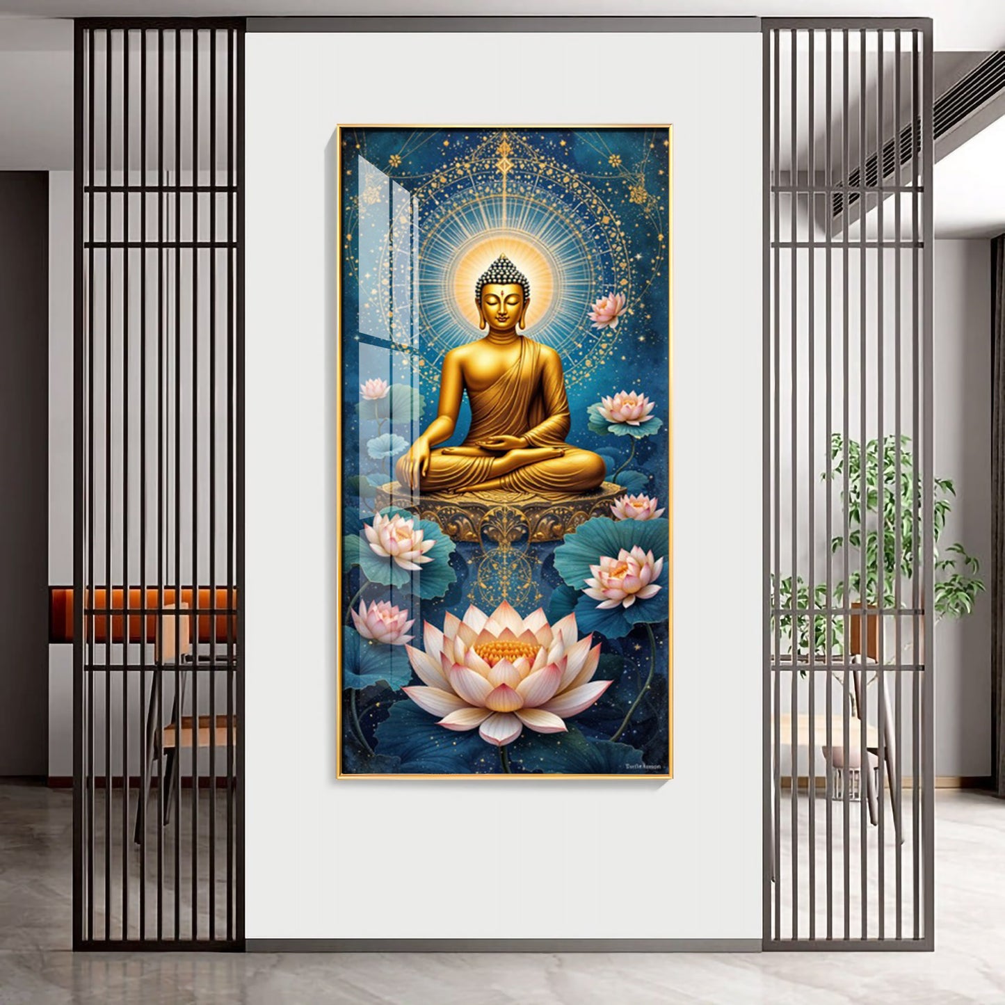 Meditating Buddha With White Lotus Glass Finish Vertical Wall Art