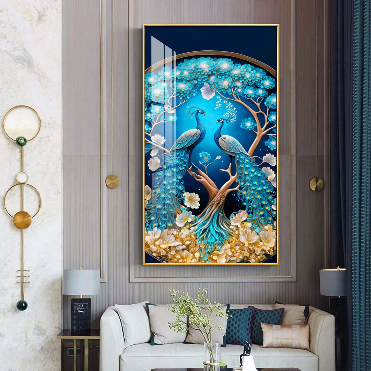 Peacock On Tree Branch Glass Finish Vertical Wall Art