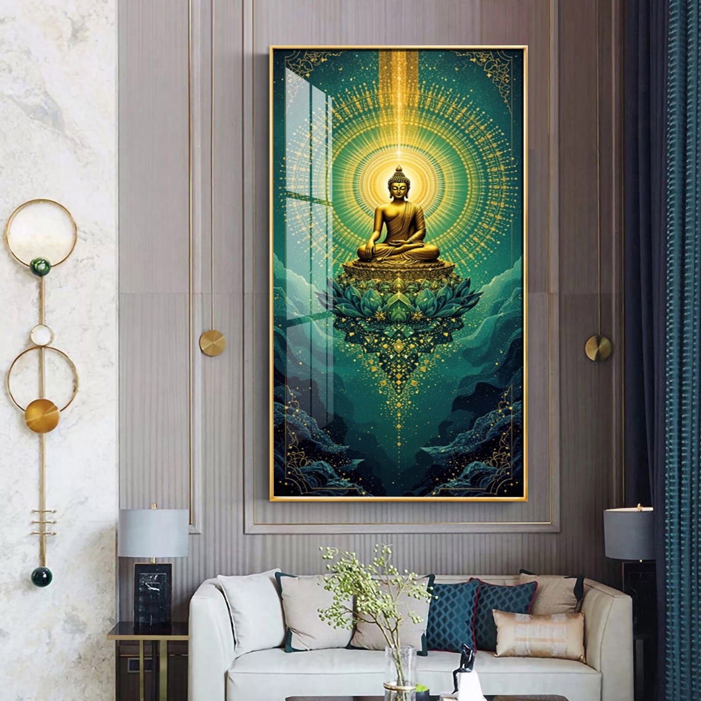 Surreal Energy Of Budha Glass Finish Vertical Wall Art